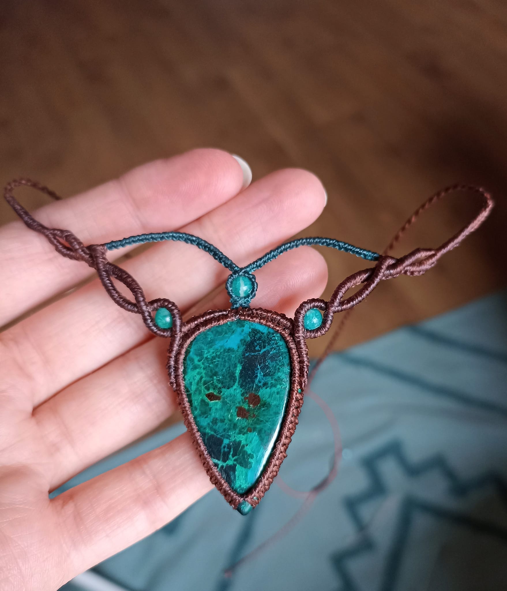 Collier macramé chrysocolle naturelle, perles amazonite