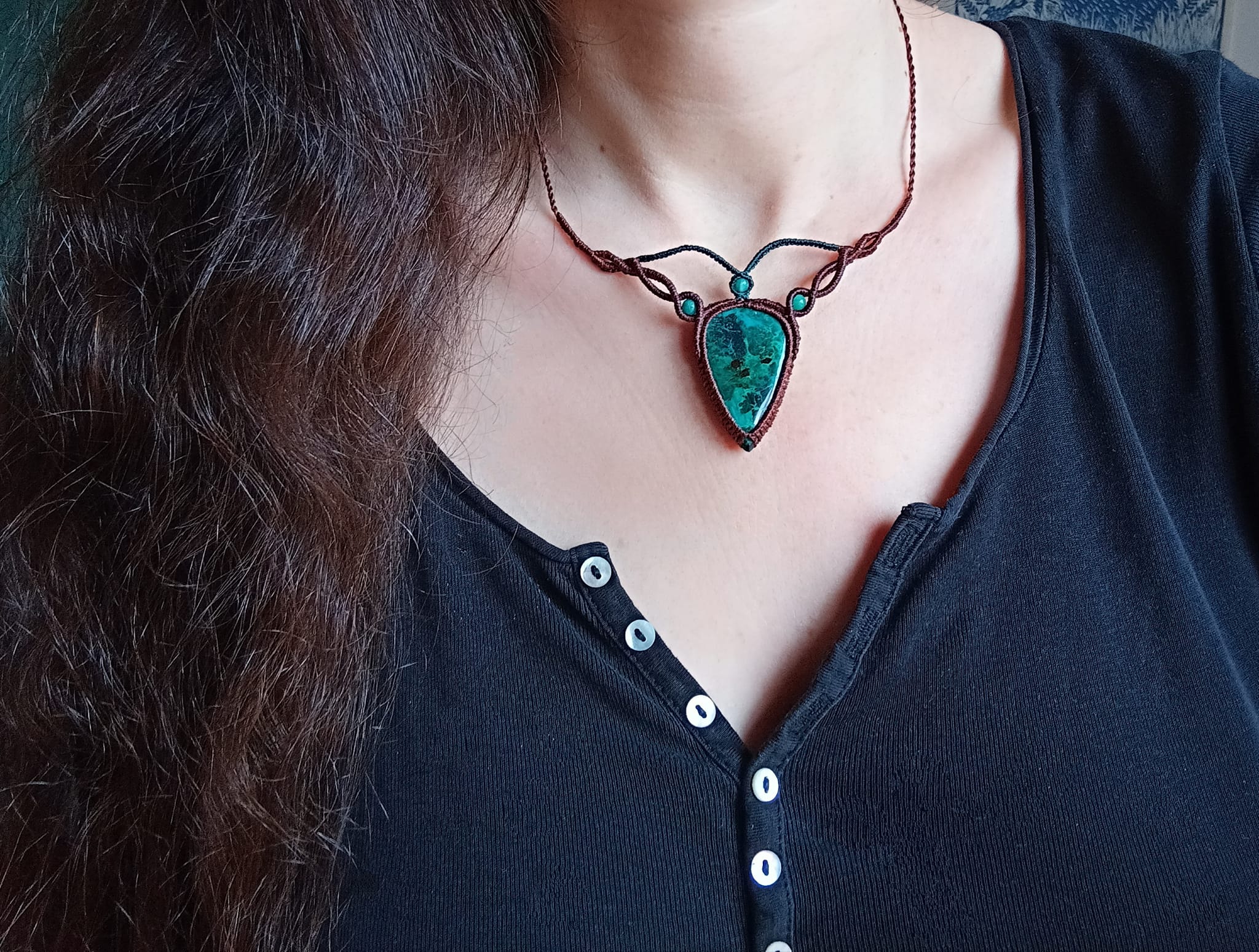 Collier macramé chrysocolle naturelle, perles amazonite