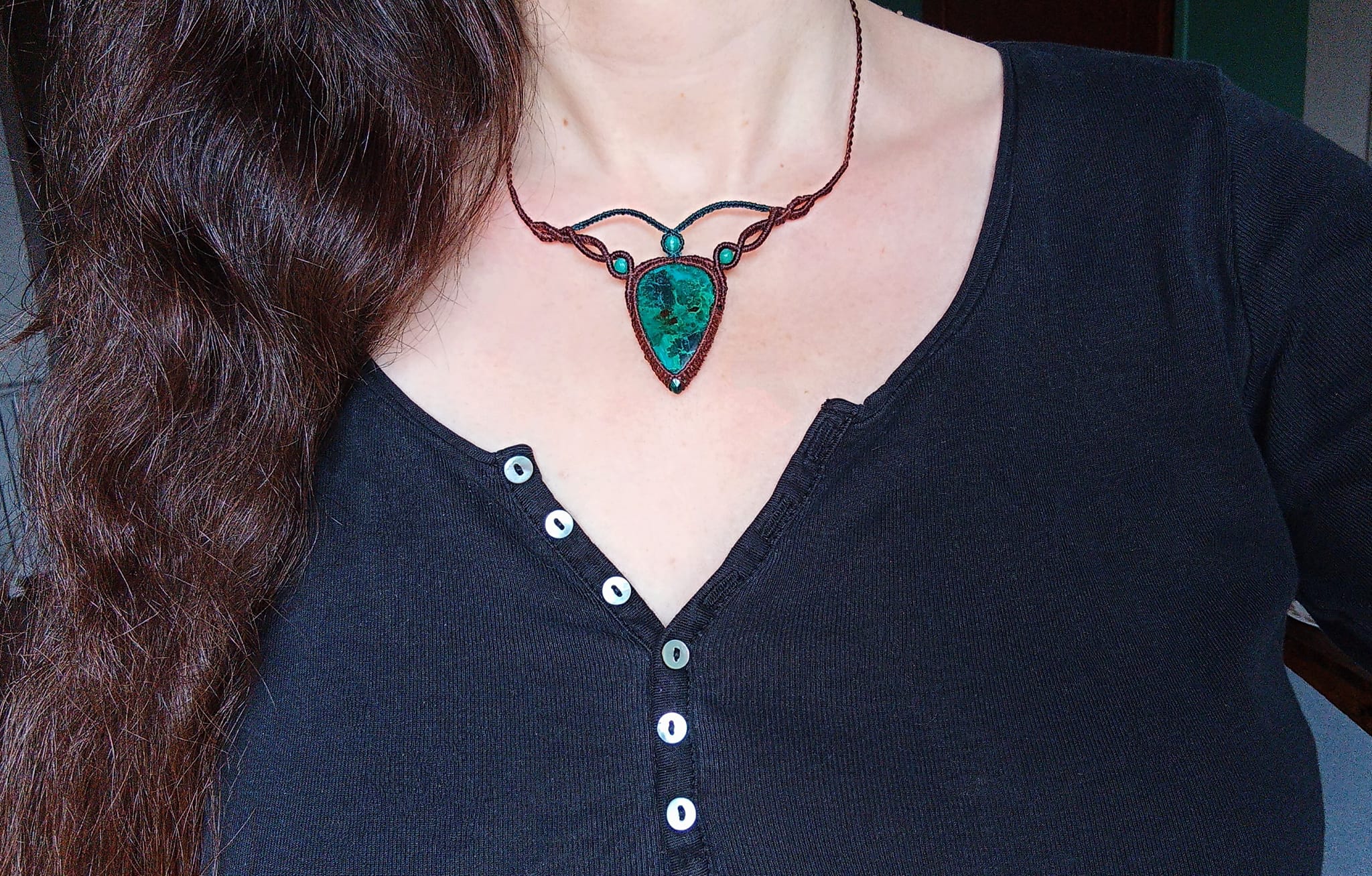 Collier macramé chrysocolle naturelle, perles amazonite
