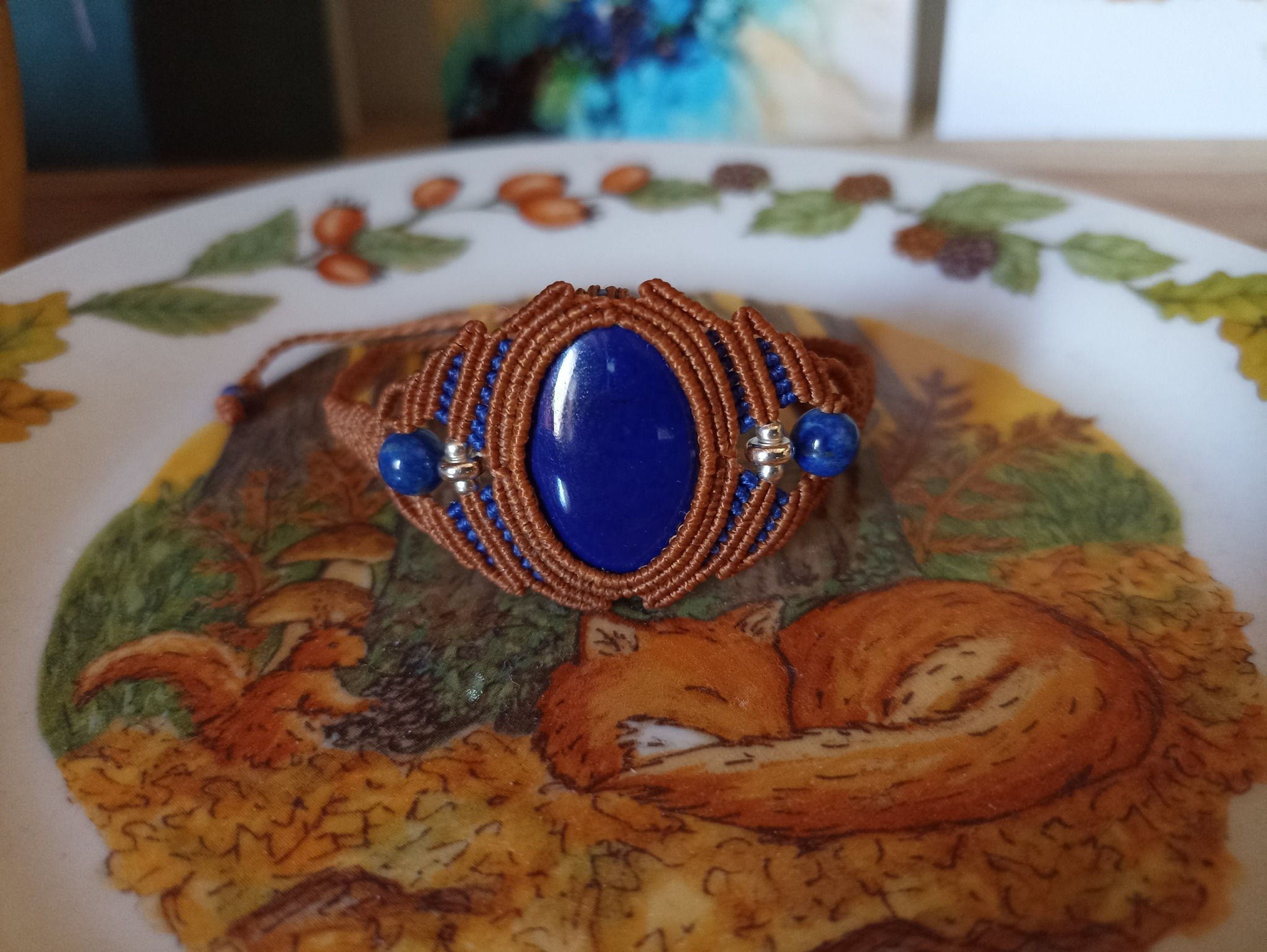 Bracelet macramé artisanal lapis lazuli, perles lapis lazuli, perles argent