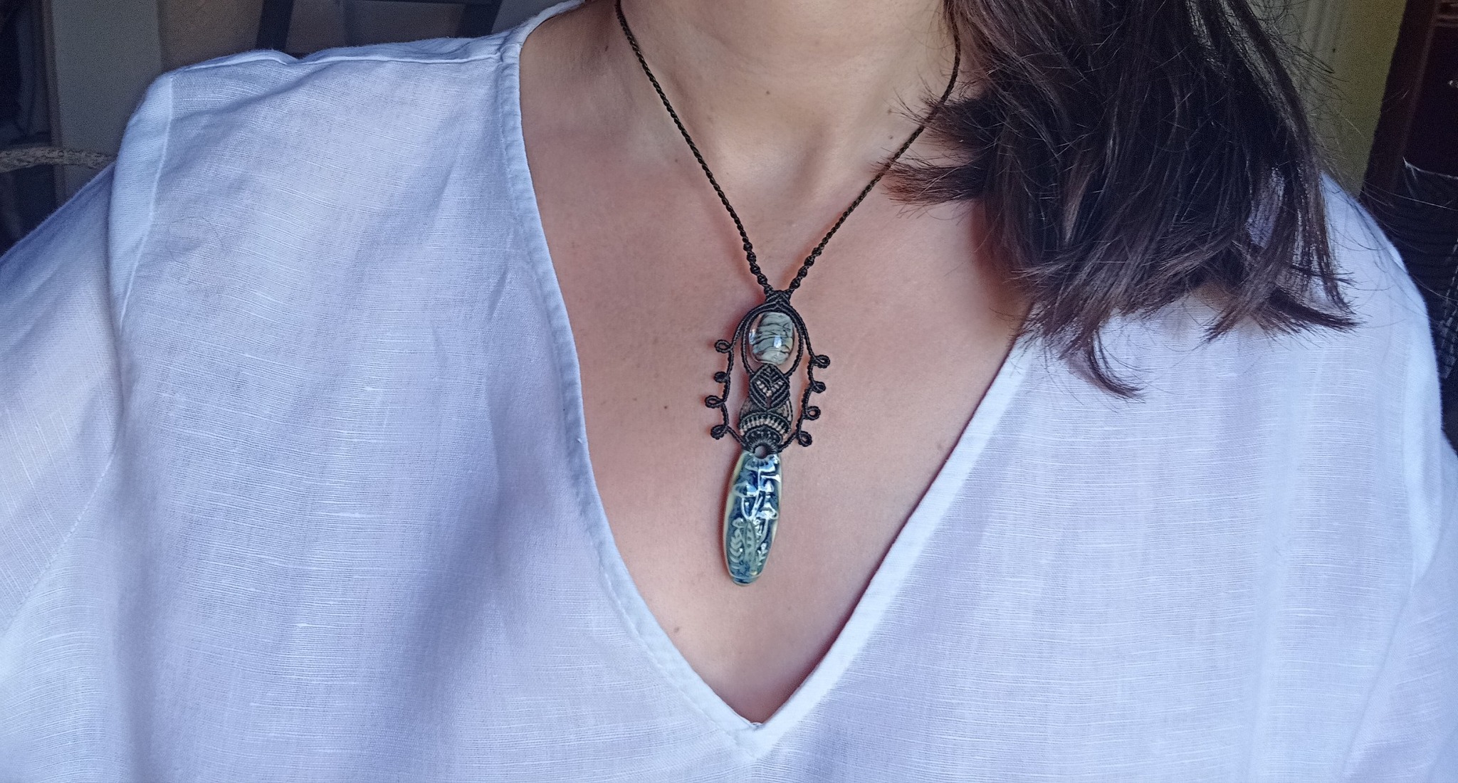 Collier macramé talisman céramique artisanale champignons, perle verre murano