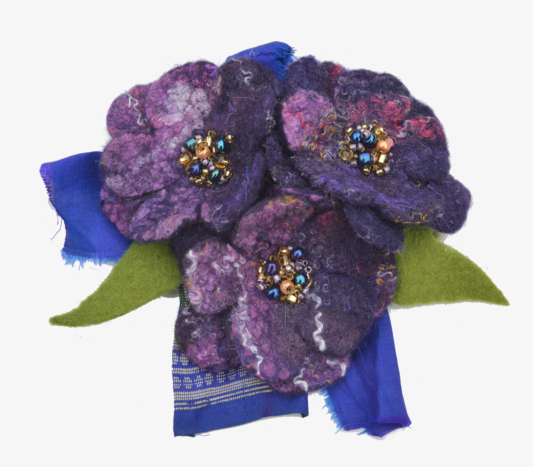 Felted flower brooch pin, purple wool felted flower with beads