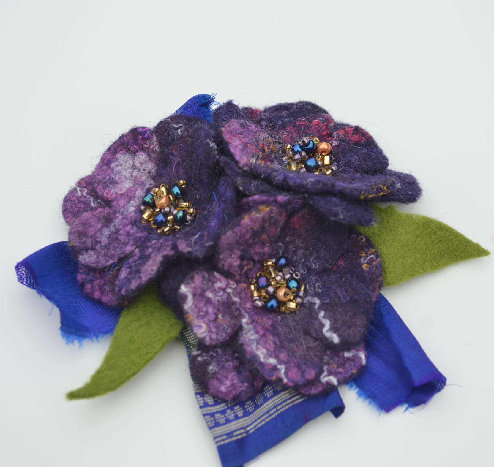 Felted flower brooch pin, purple wool felted flower with beads