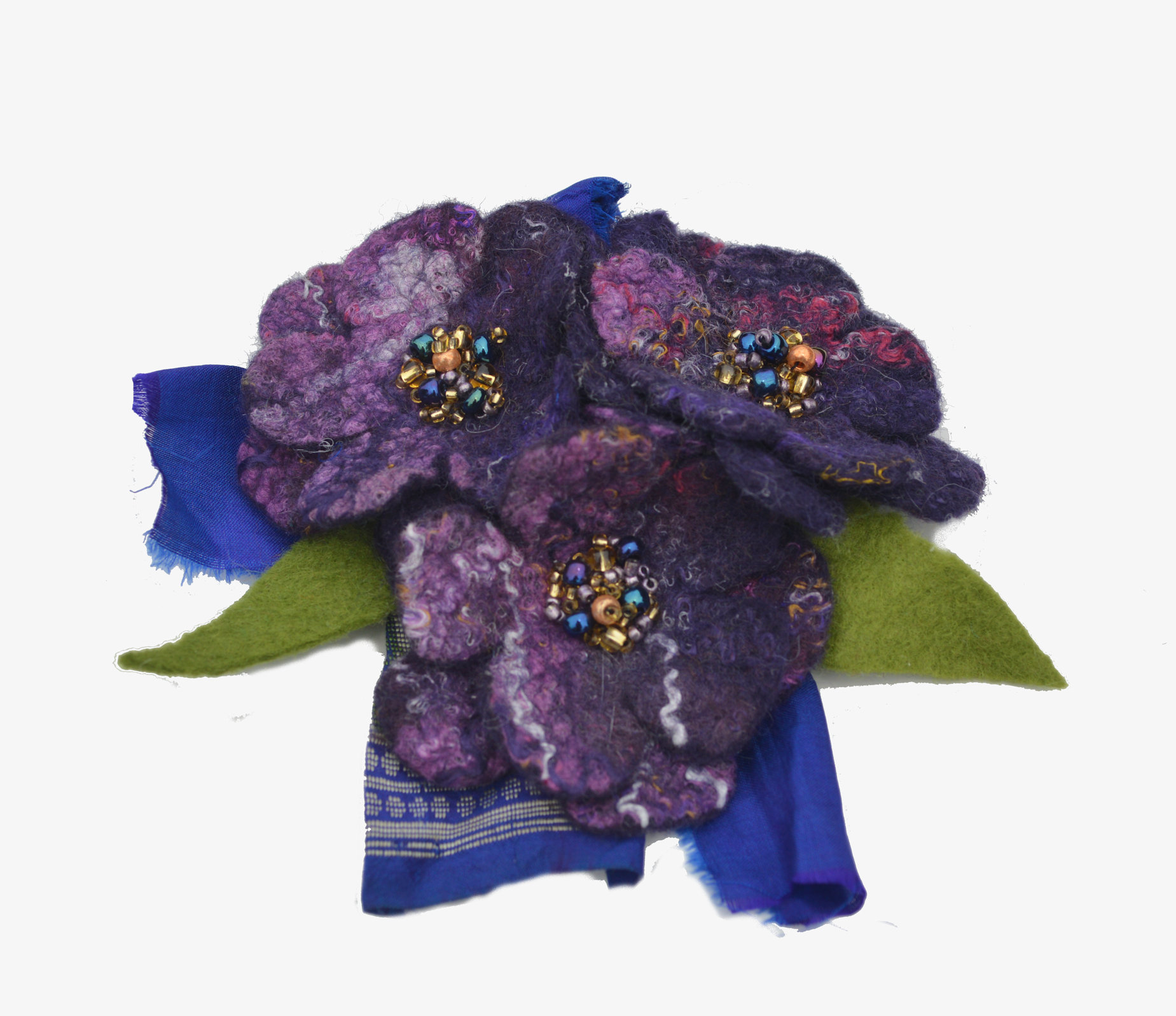 Felted flower brooch pin, purple wool felted flower with beads