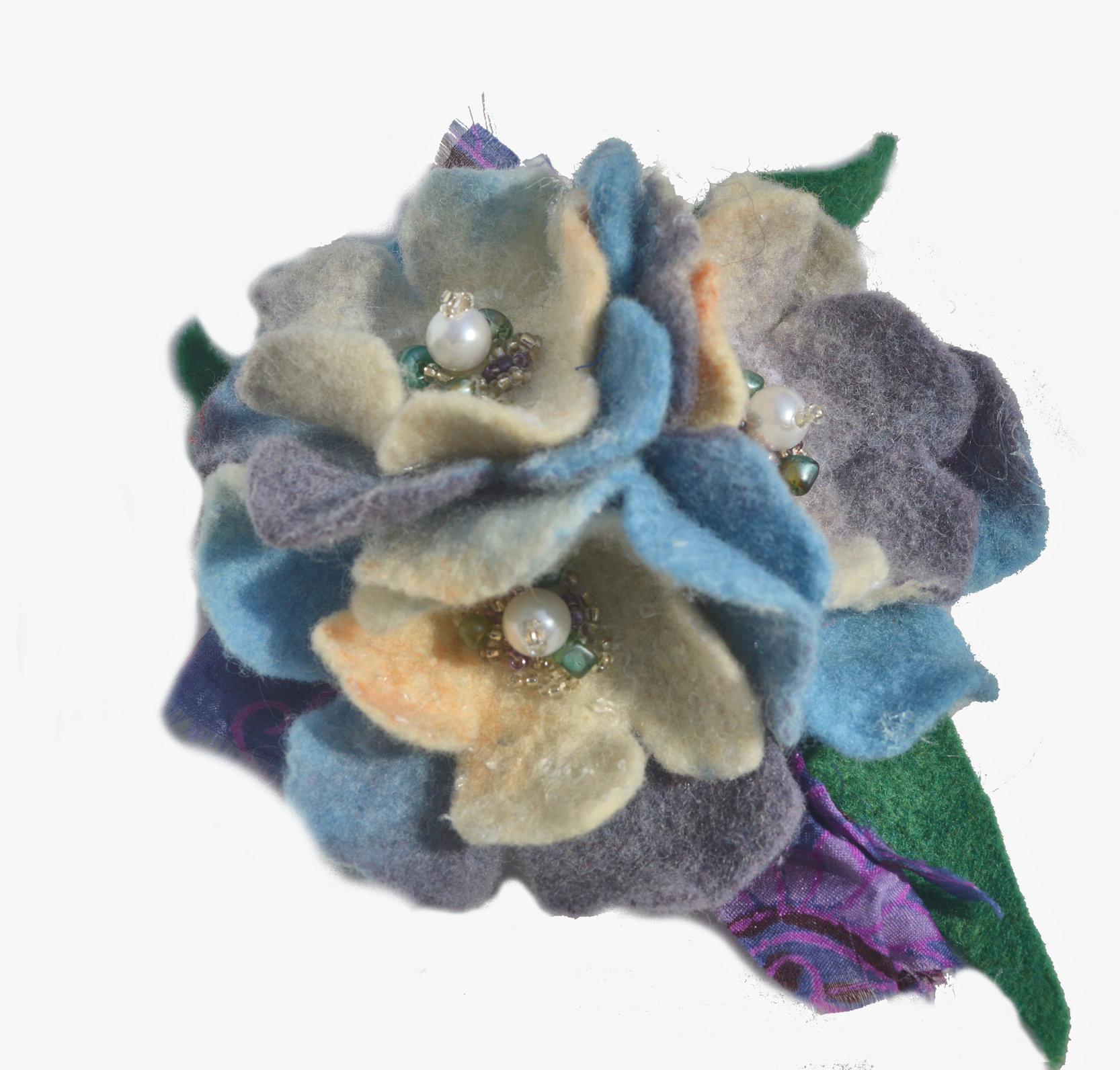 Felted white blue gray flower brooch, pin, wool brooch, wool flower pin