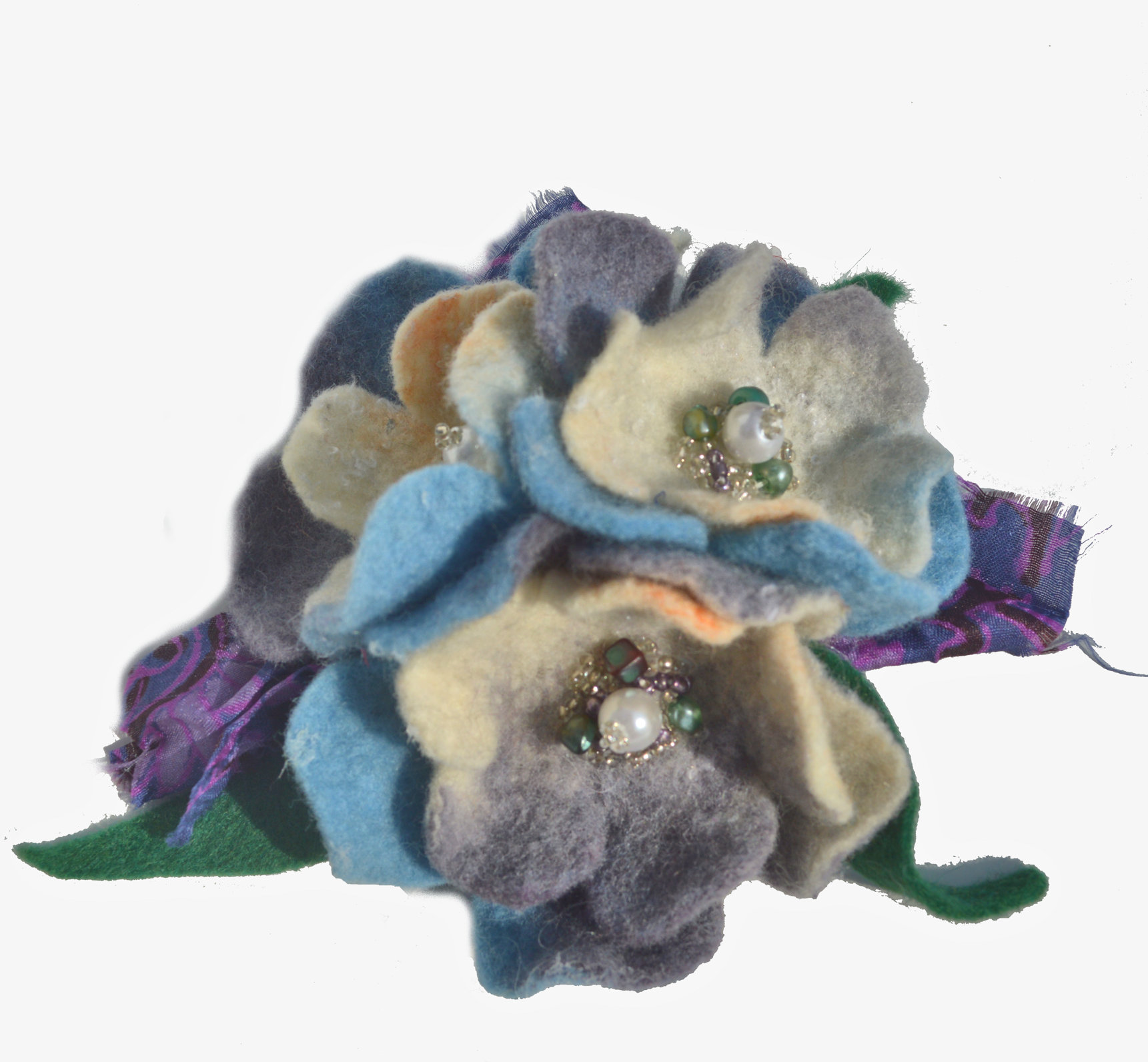Felted white blue gray flower brooch, pin, wool brooch, wool flower pin