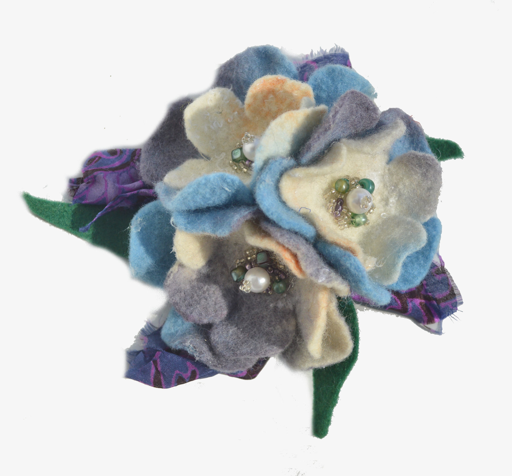 Felted white blue gray flower brooch, pin, wool brooch, wool flower pin