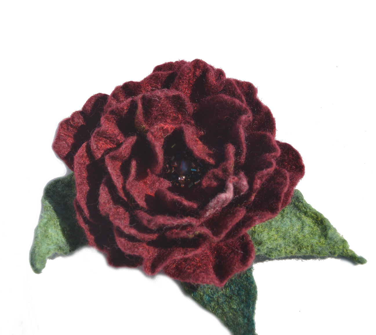 Felted red flower brooch pin with beads.