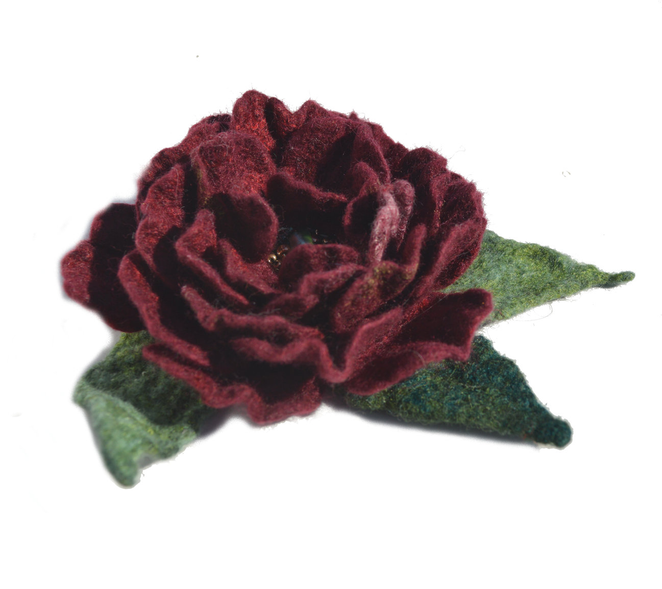 Felted red flower brooch pin with beads.
