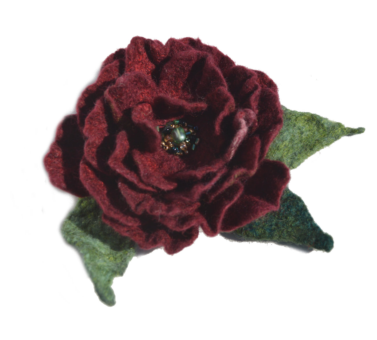 Felted red flower brooch pin with beads.