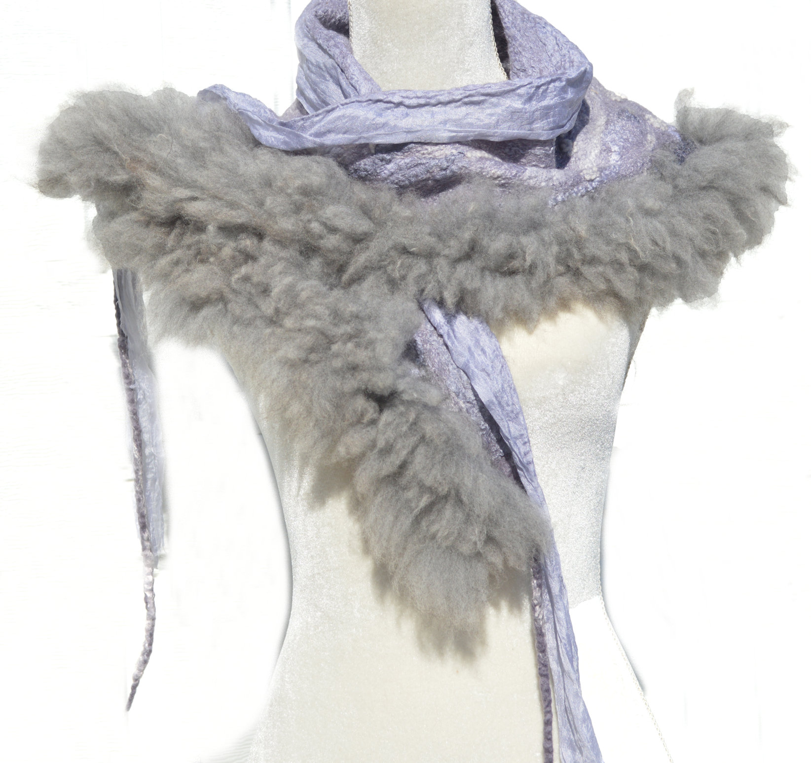 Gray wool felted scarf neck warmer collar with eco fur OOAK