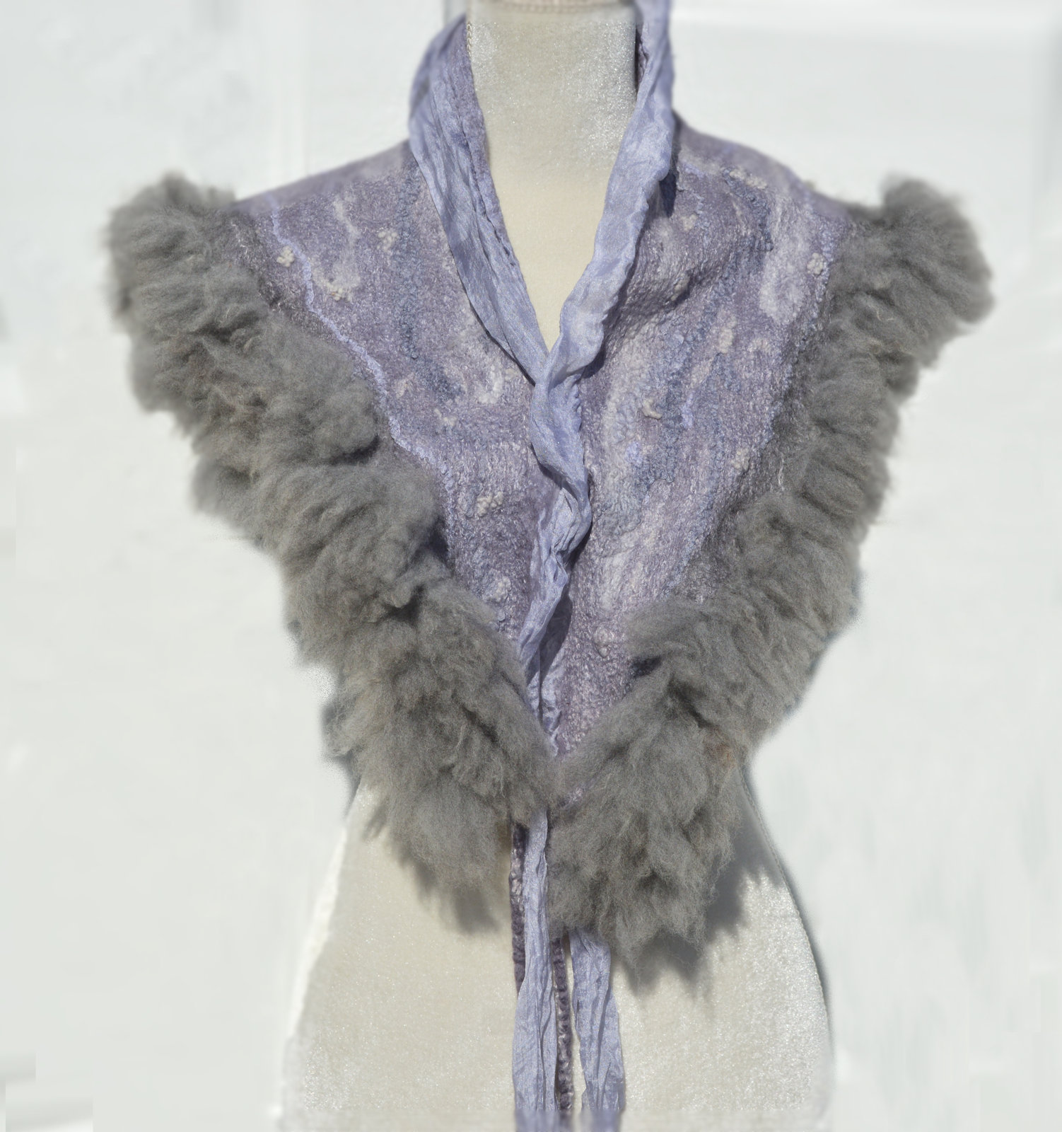 Gray wool felted scarf neck warmer collar with eco fur OOAK