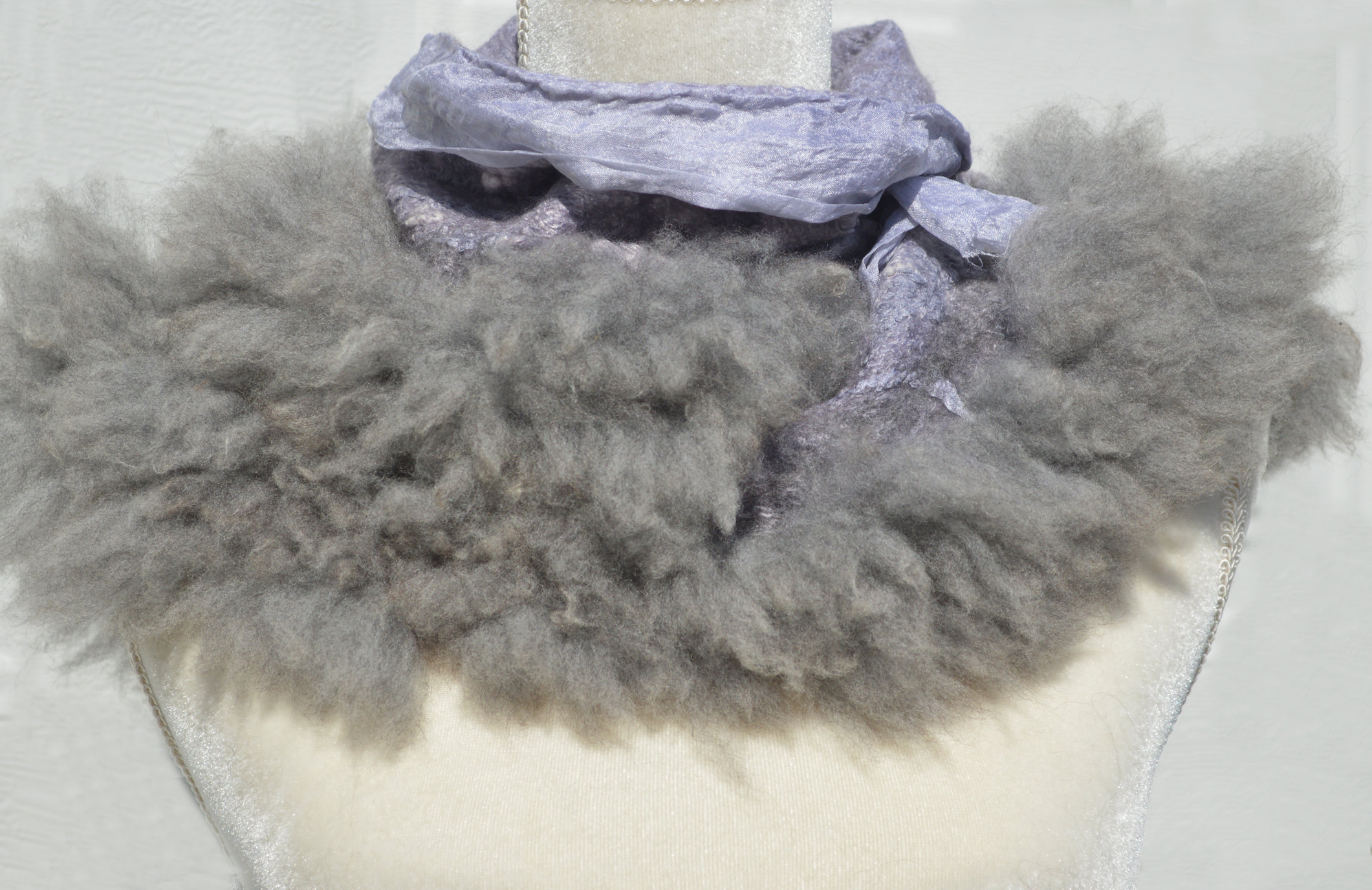 Gray wool felted scarf neck warmer collar with eco fur OOAK