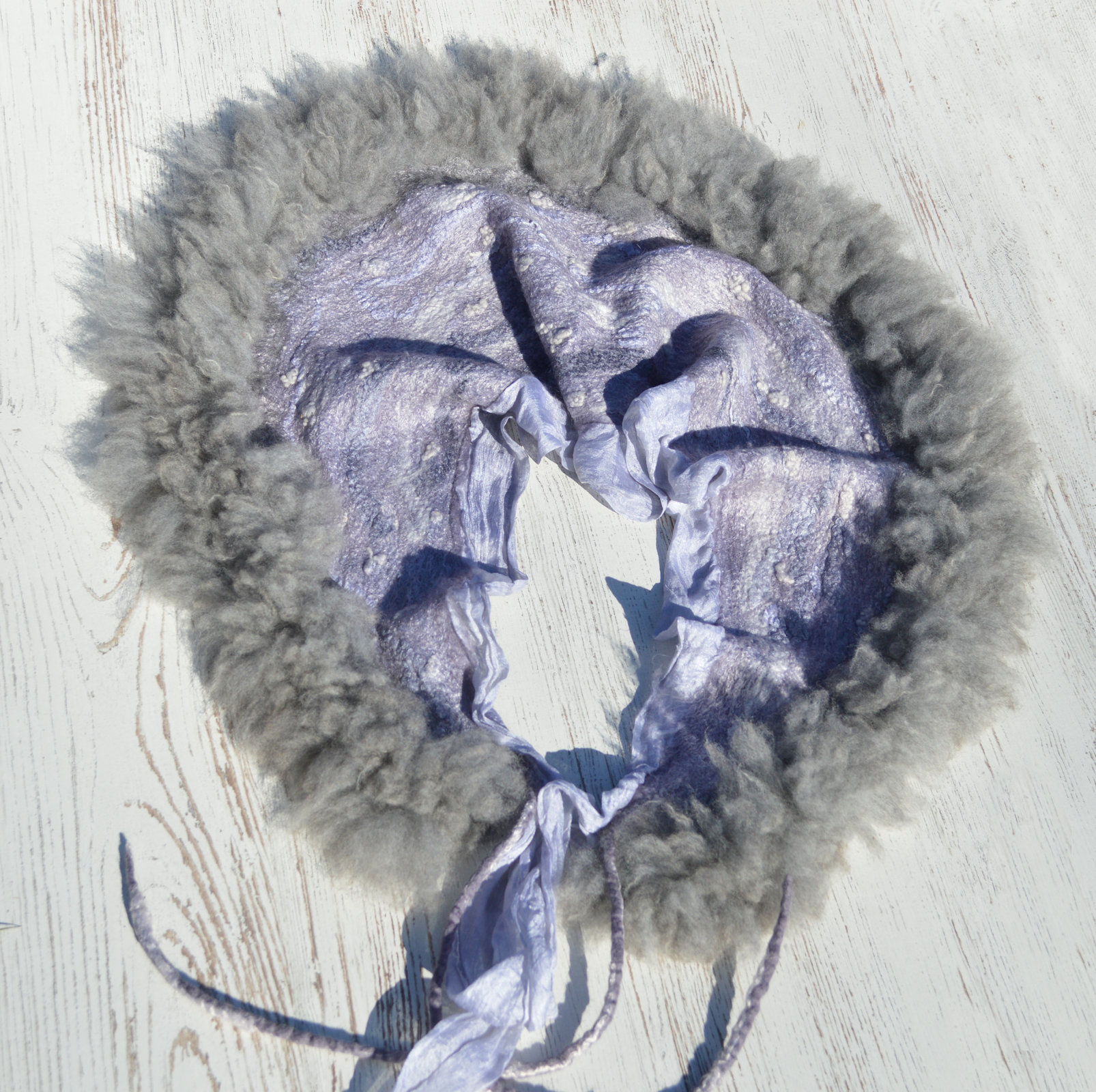 Gray wool felted scarf neck warmer collar with eco fur OOAK