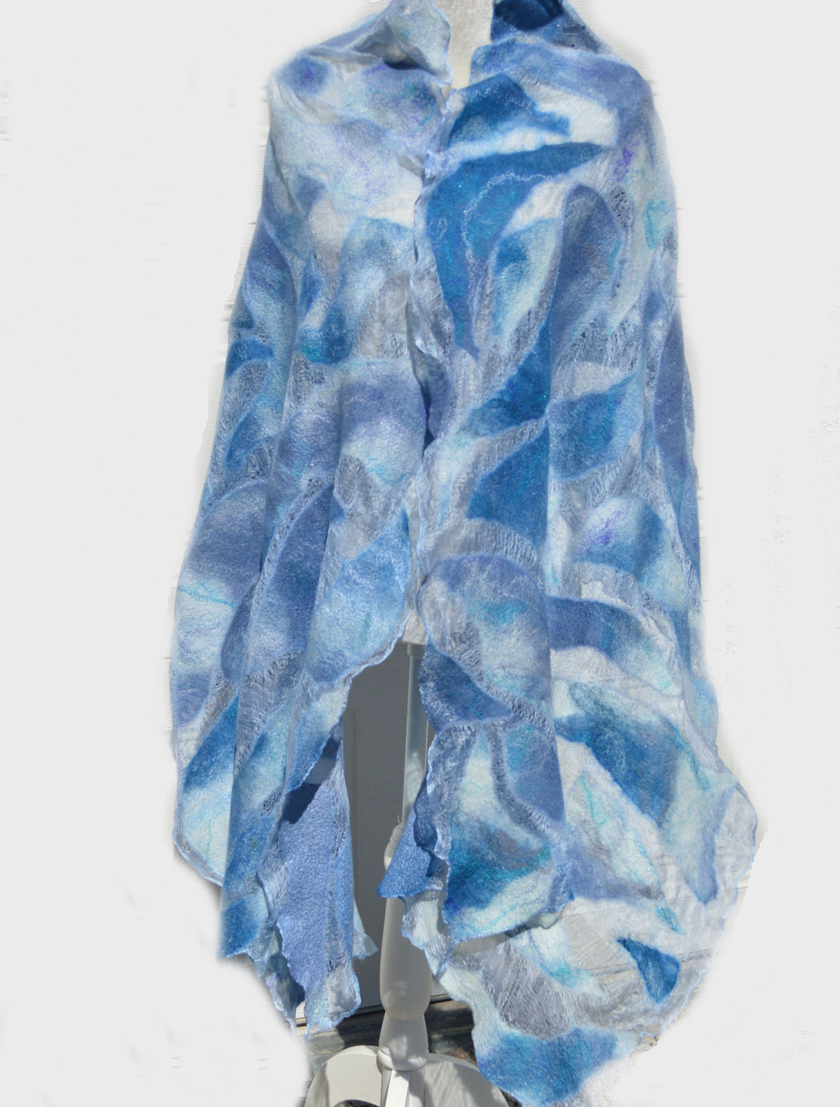 Blue Nuno Felted Stole Shawl Scarf  Silk  Wool Lace Wrap OOAK