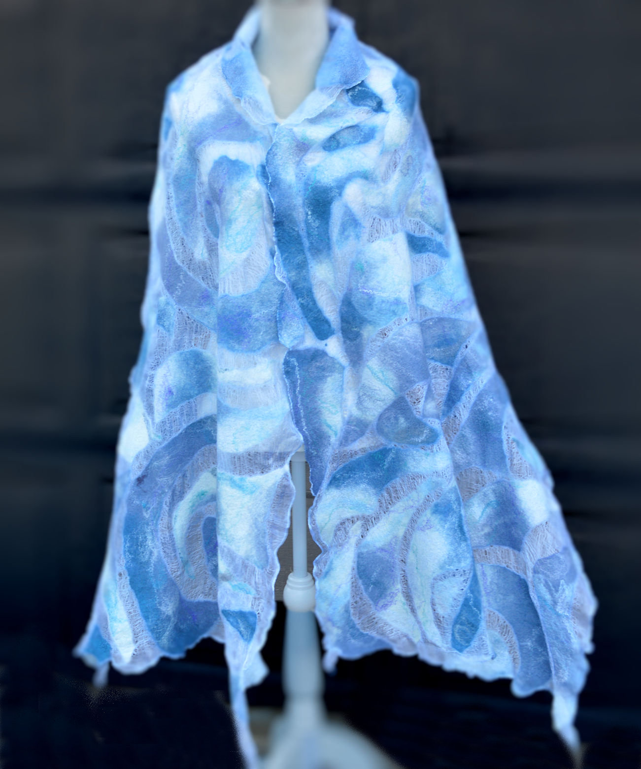 Blue Nuno Felted Stole Shawl Scarf  Silk  Wool Lace Wrap OOAK