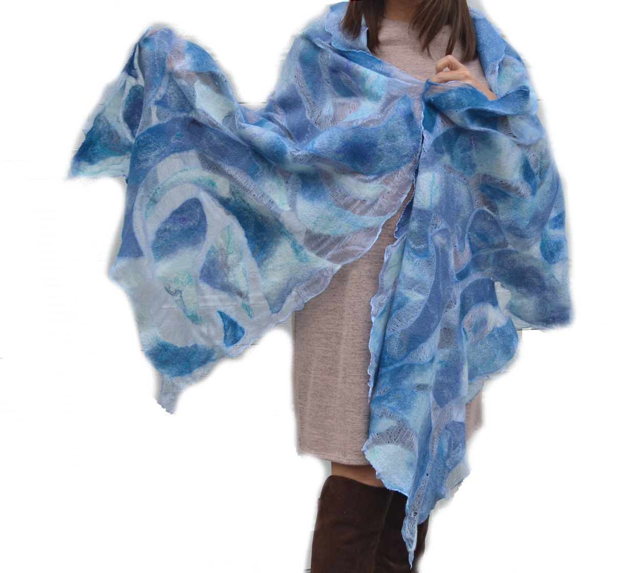 Blue Nuno Felted Stole Shawl Scarf  Silk  Wool Lace Wrap OOAK