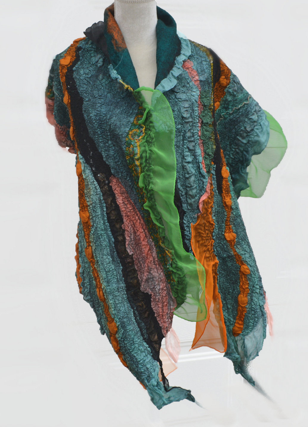 Green Nuno Felted Stole Shawl Scarf Wool Silk Wrap OOAK