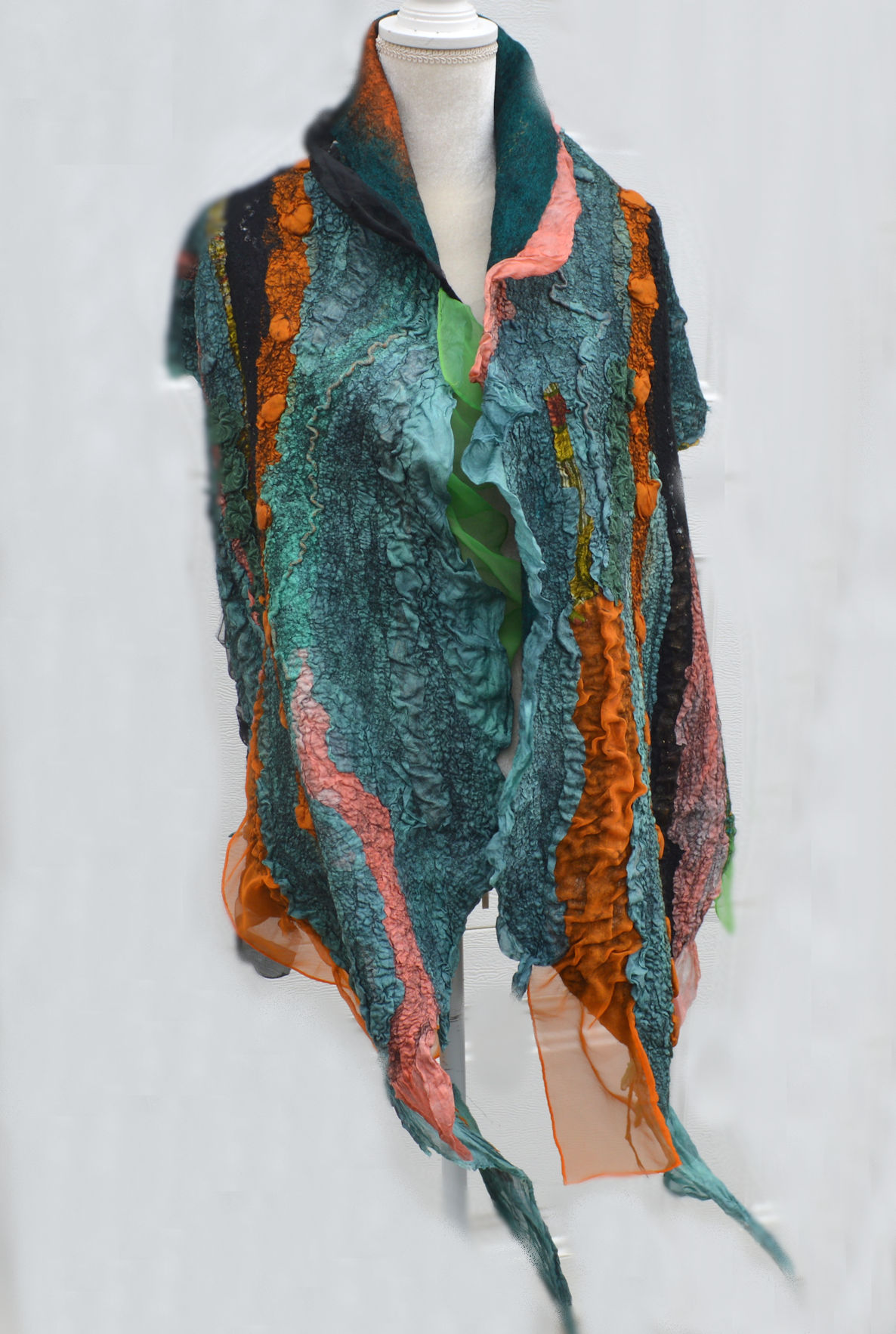 Green Nuno Felted Stole Shawl Scarf Wool Silk Wrap OOAK