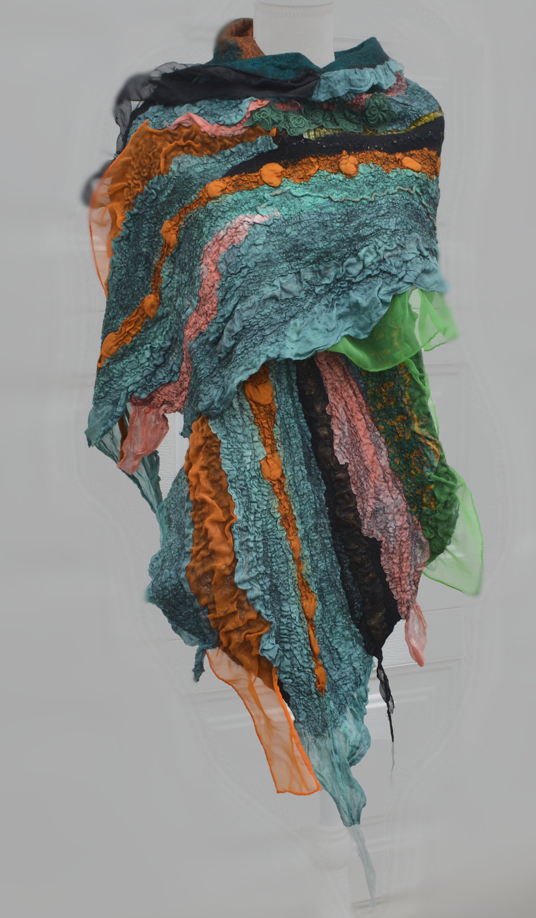 Green Nuno Felted Stole Shawl Scarf Wool Silk Wrap OOAK