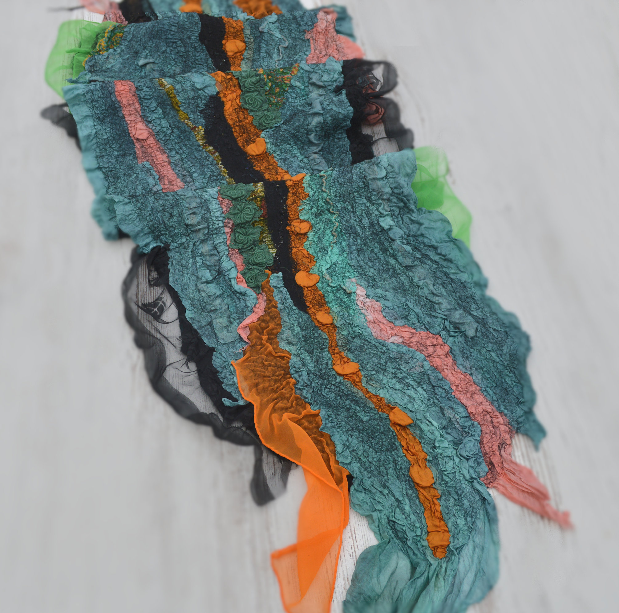 Green Nuno Felted Stole Shawl Scarf Wool Silk Wrap OOAK