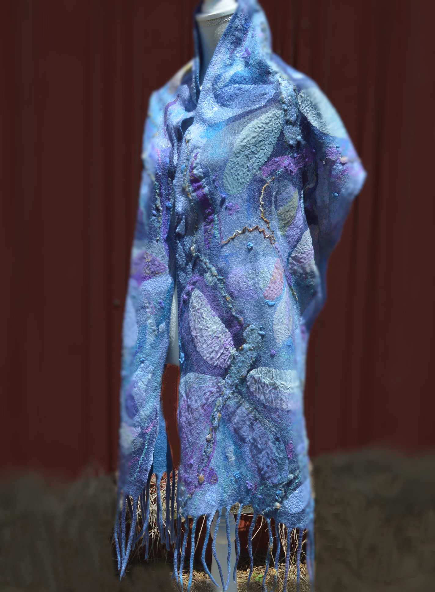 Blue nuno felted wrap, scarf with dragonflies, OOAK
