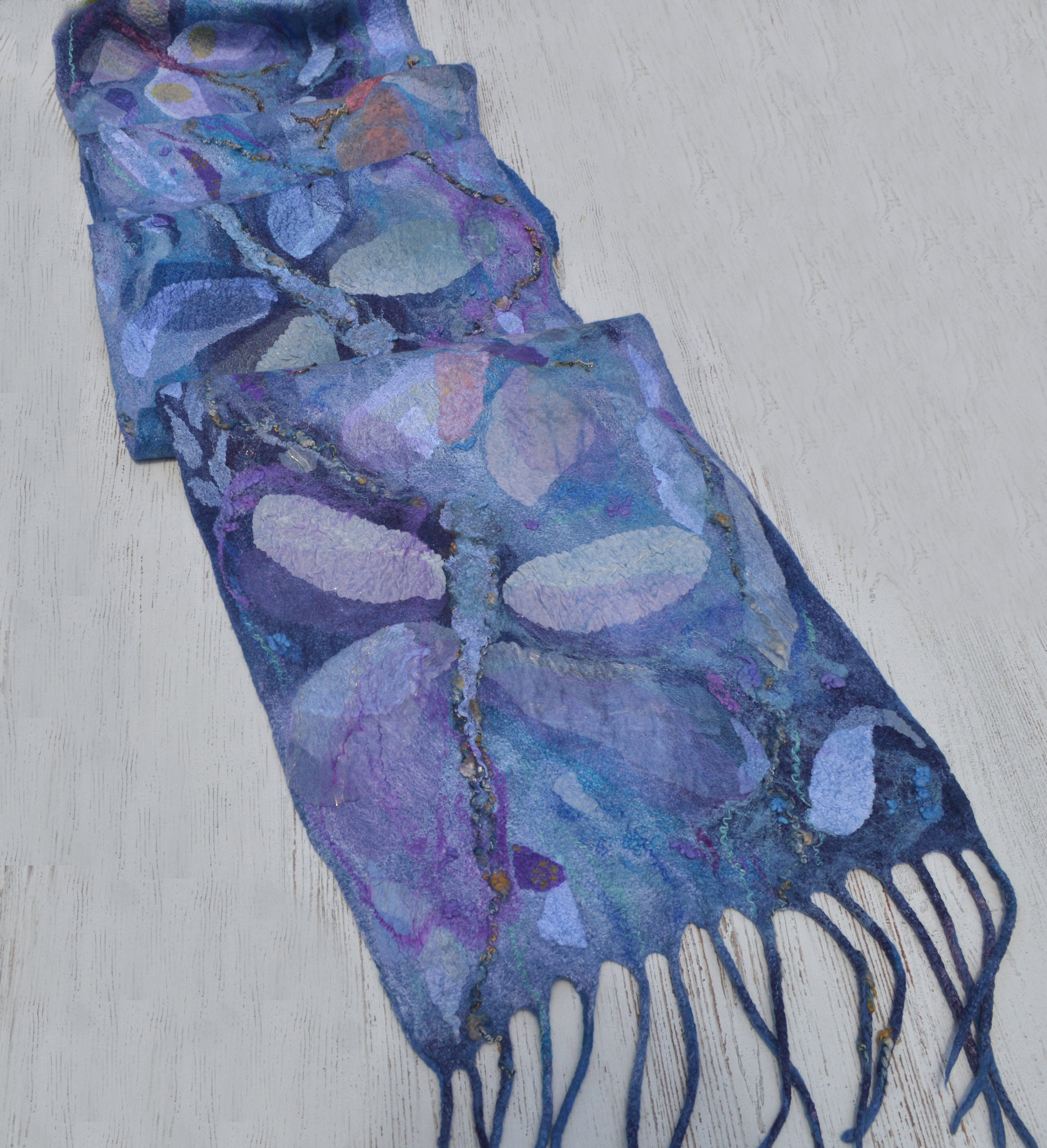 Blue nuno felted wrap, scarf with dragonflies, OOAK