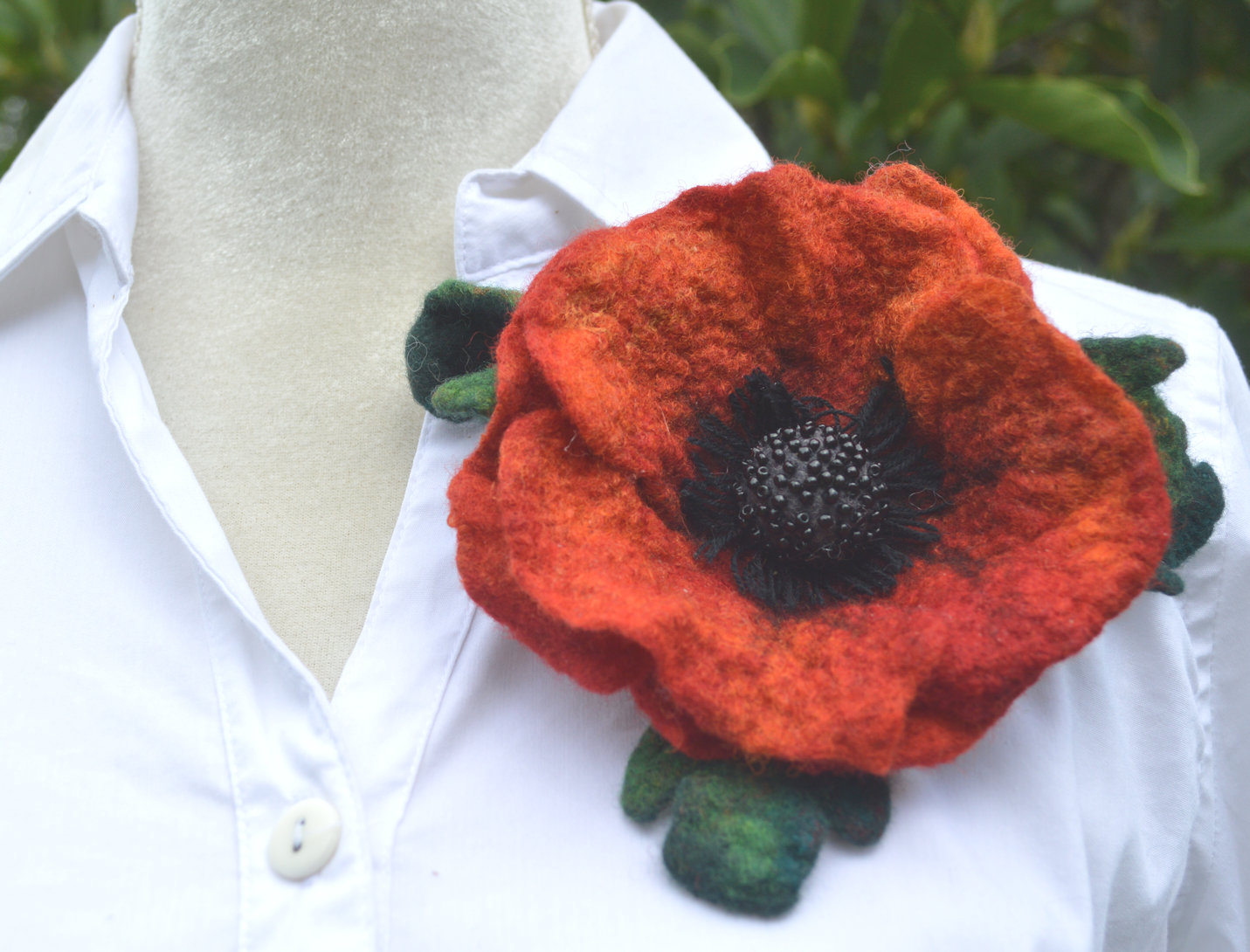 Red poppy felted flower brooch pin, wool red flower