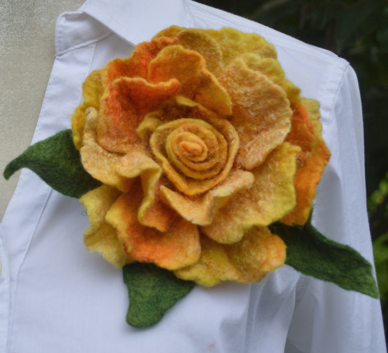 Yellow felted flower brooch pin, felted wool rose flower