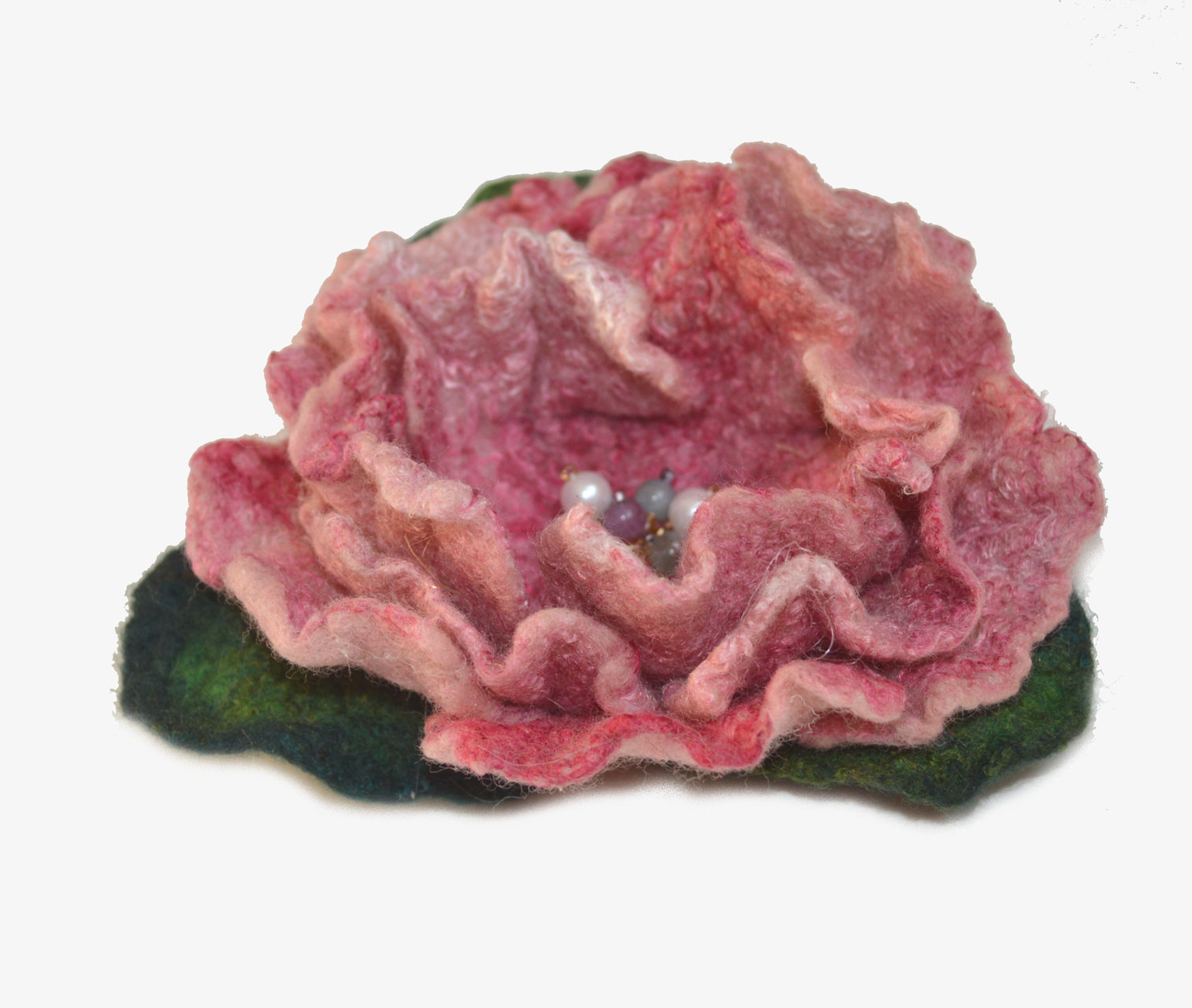 Felted pink rose flower brooch pin with beads.