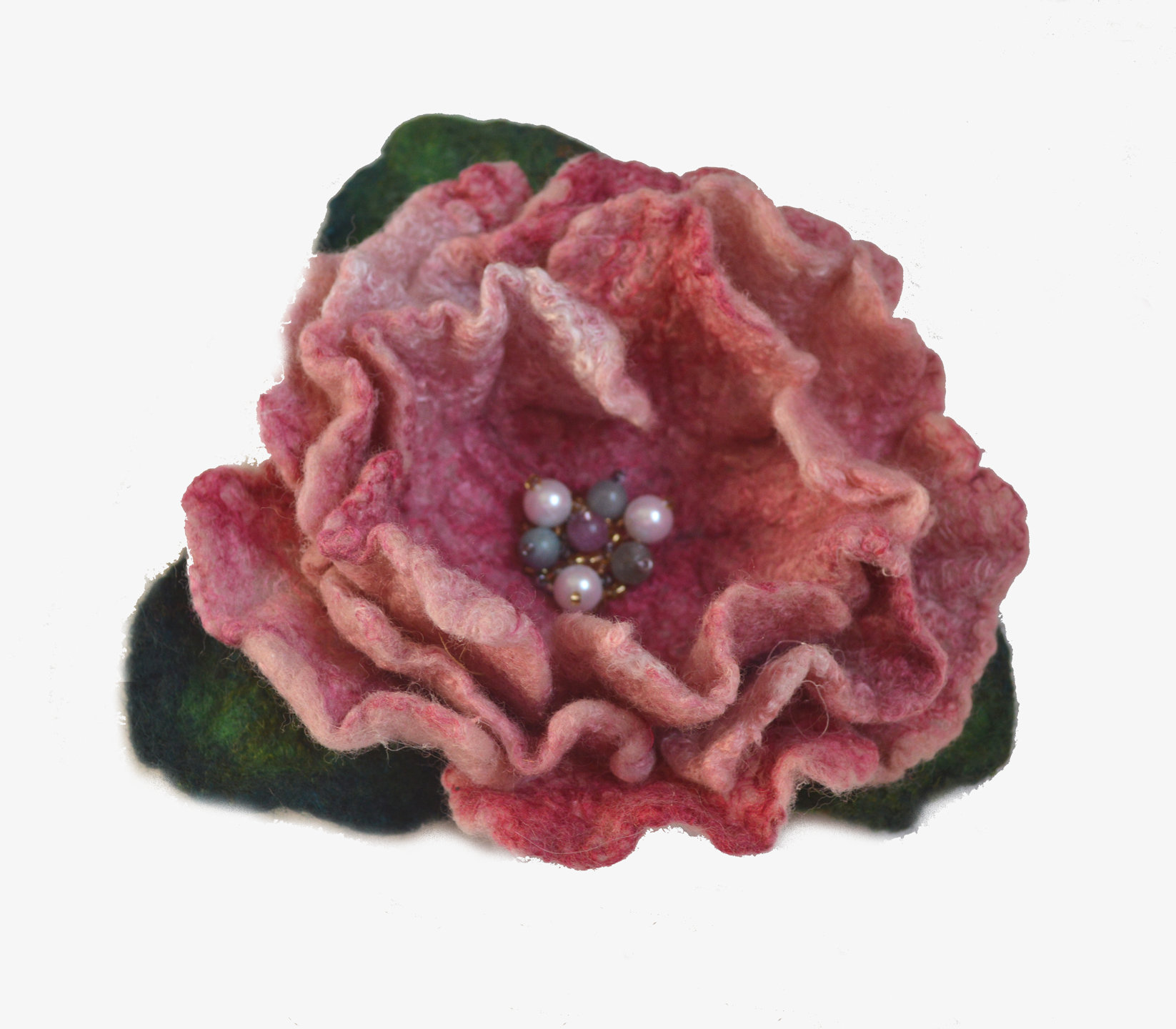 Felted pink rose flower brooch pin with beads.