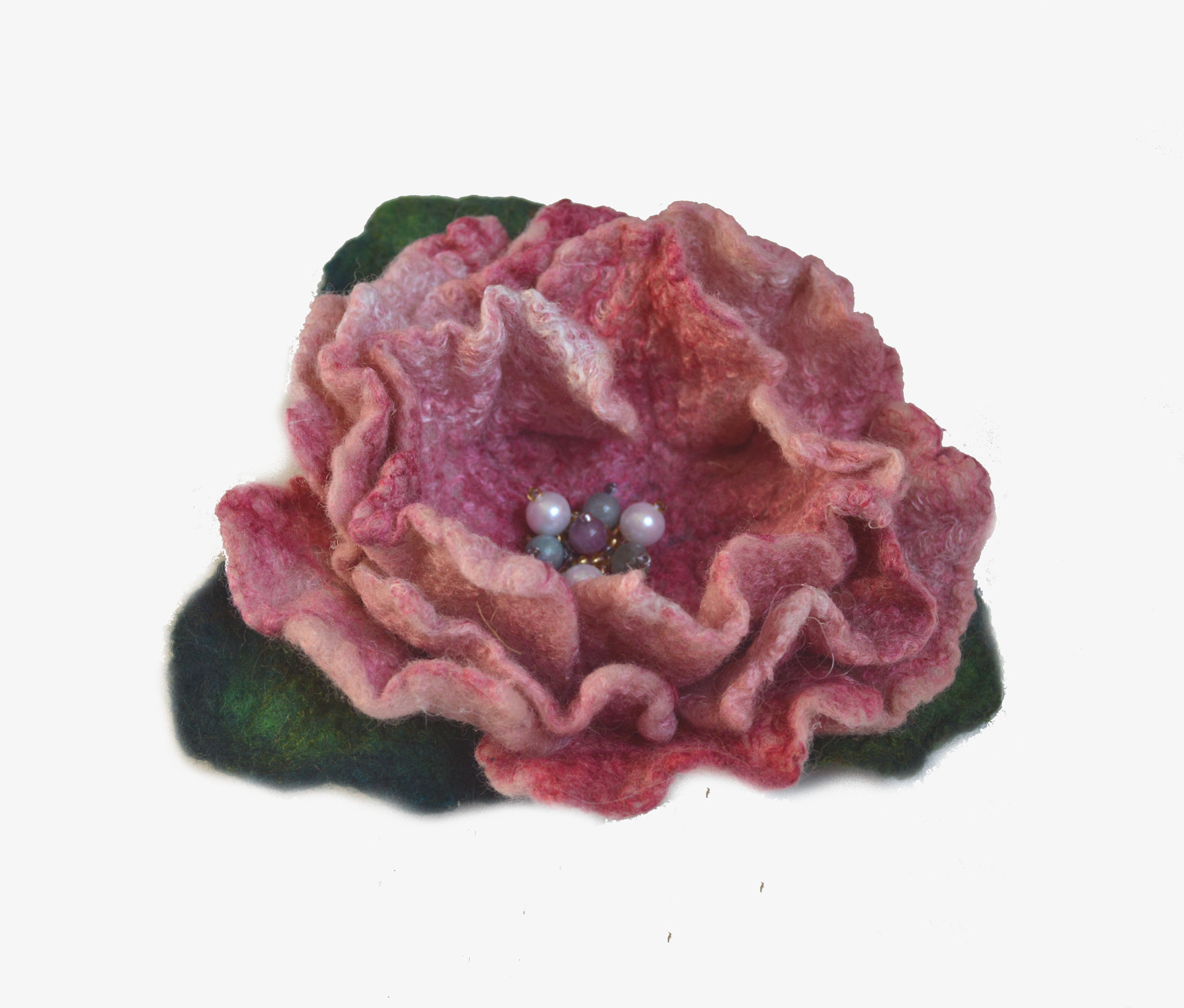 Felted pink rose flower brooch pin with beads.