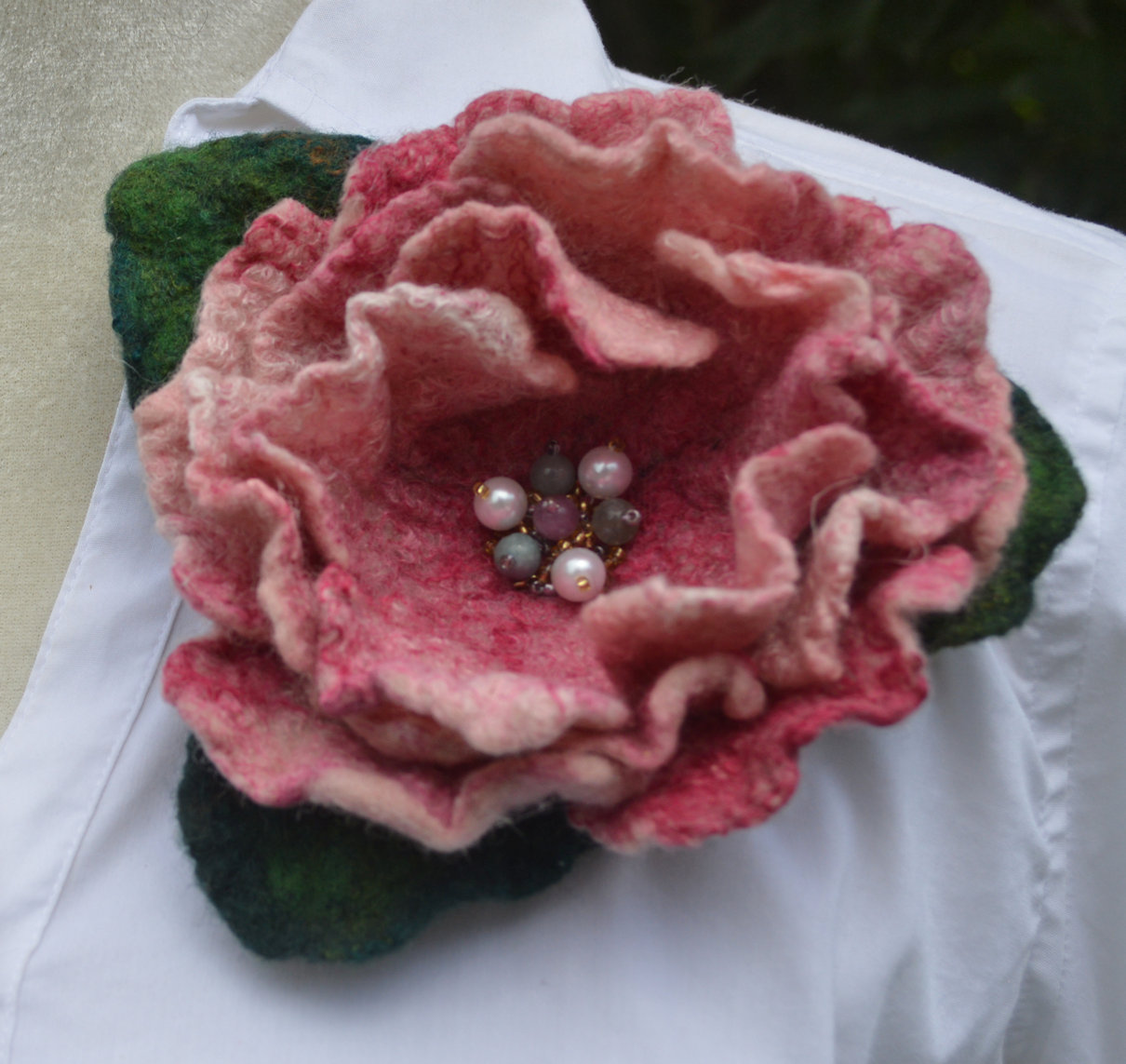 Felted pink rose flower brooch pin with beads.