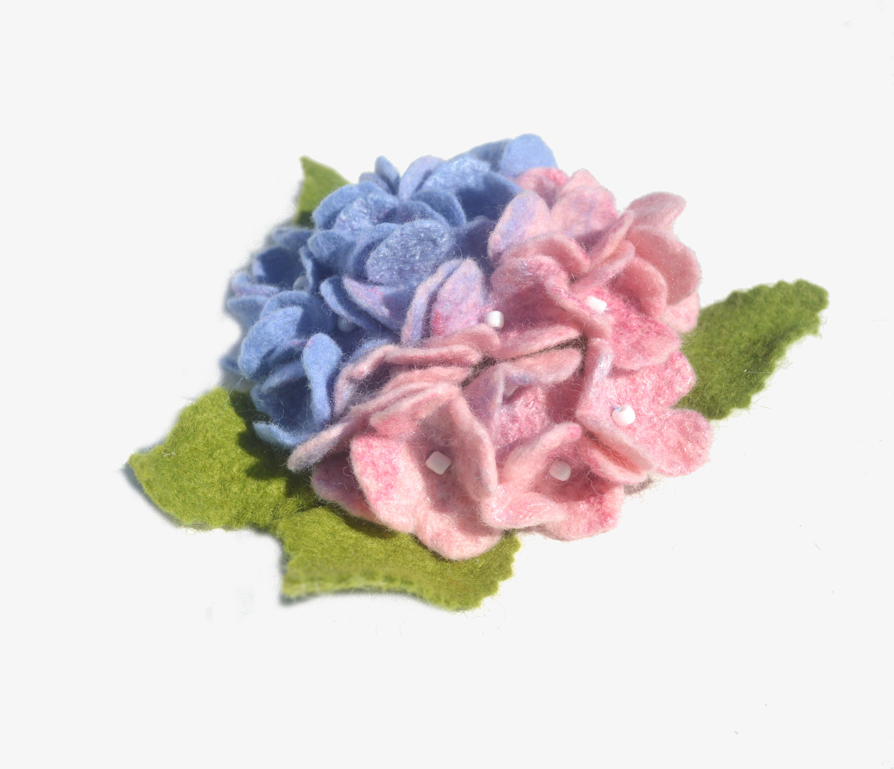 Felted blue pink hydrangea flower brooch, pin. 