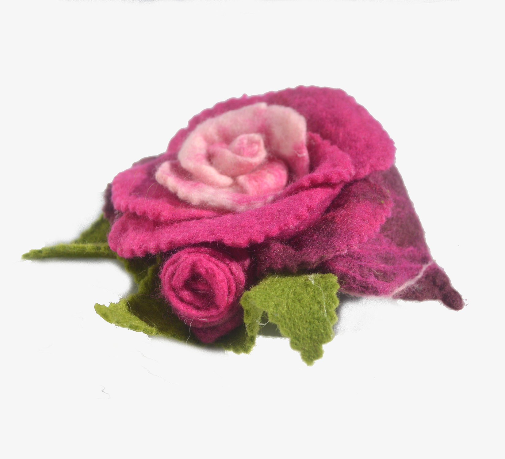 Red, pink felted rose flower brooch, pin.