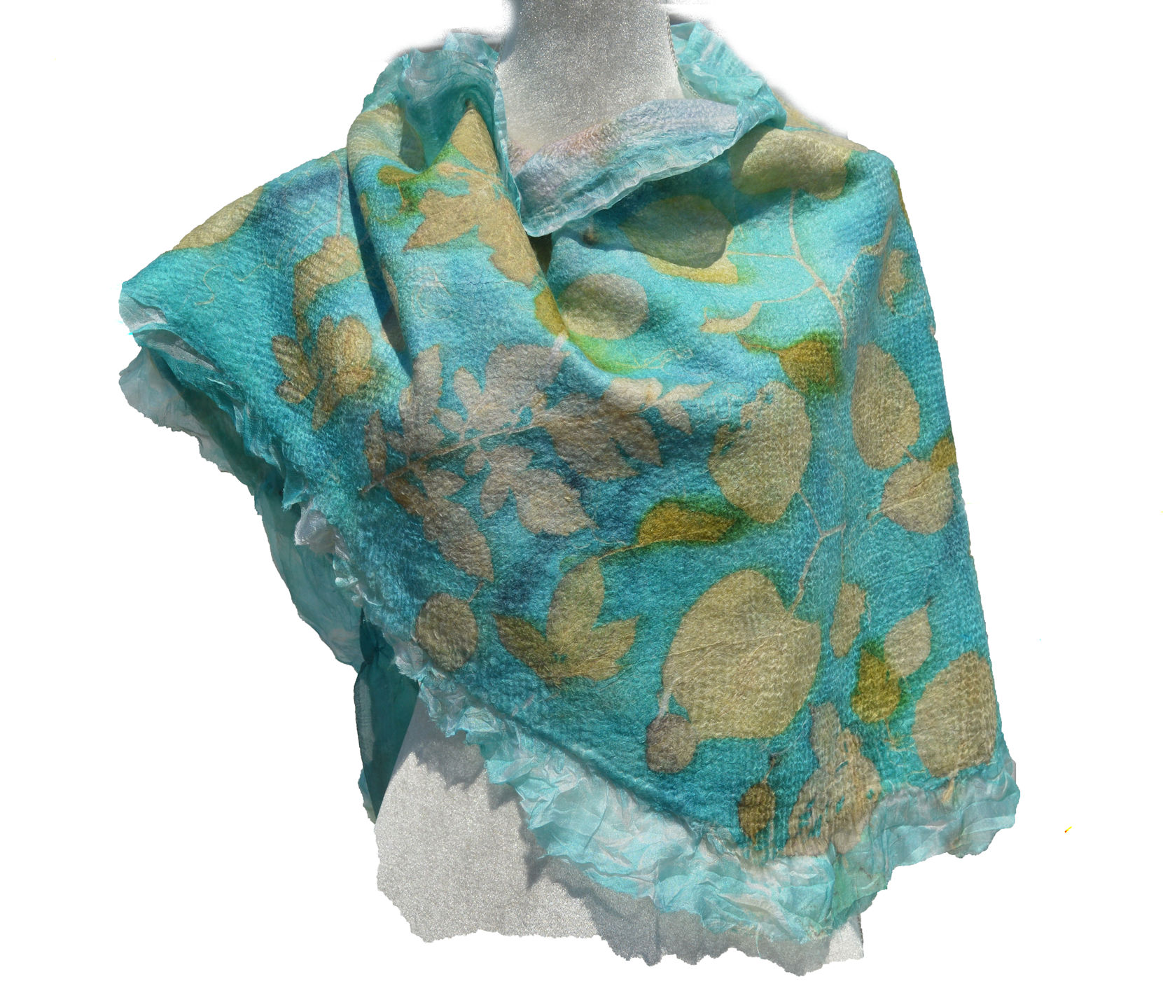Nuno Felted Scarf Shawl Printed with Leaves OOAK