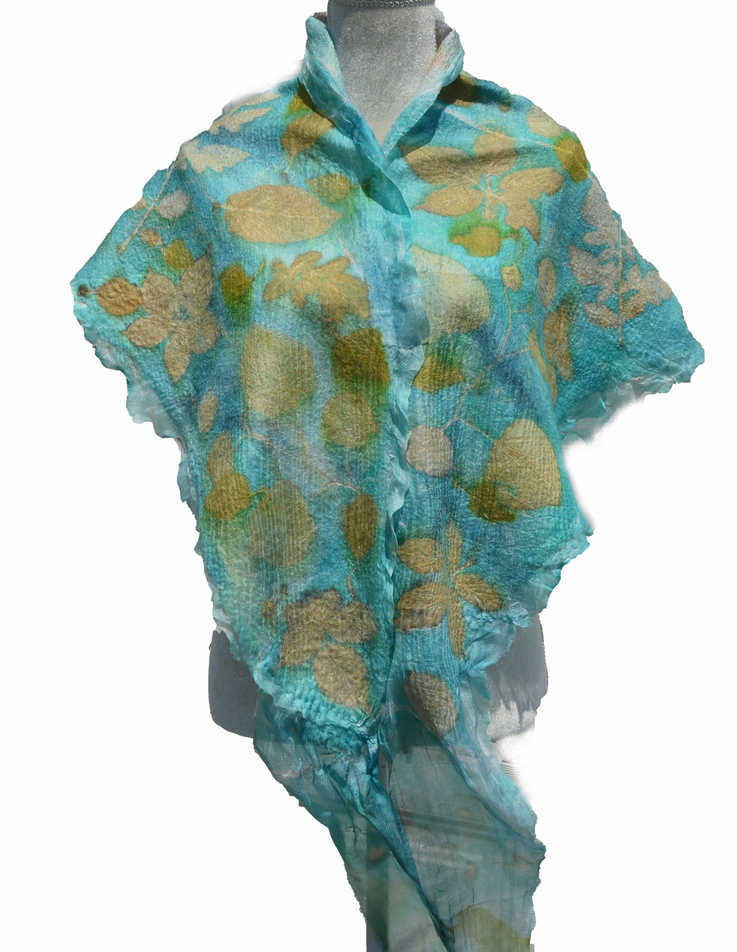Nuno Felted Scarf Shawl Printed with Leaves OOAK