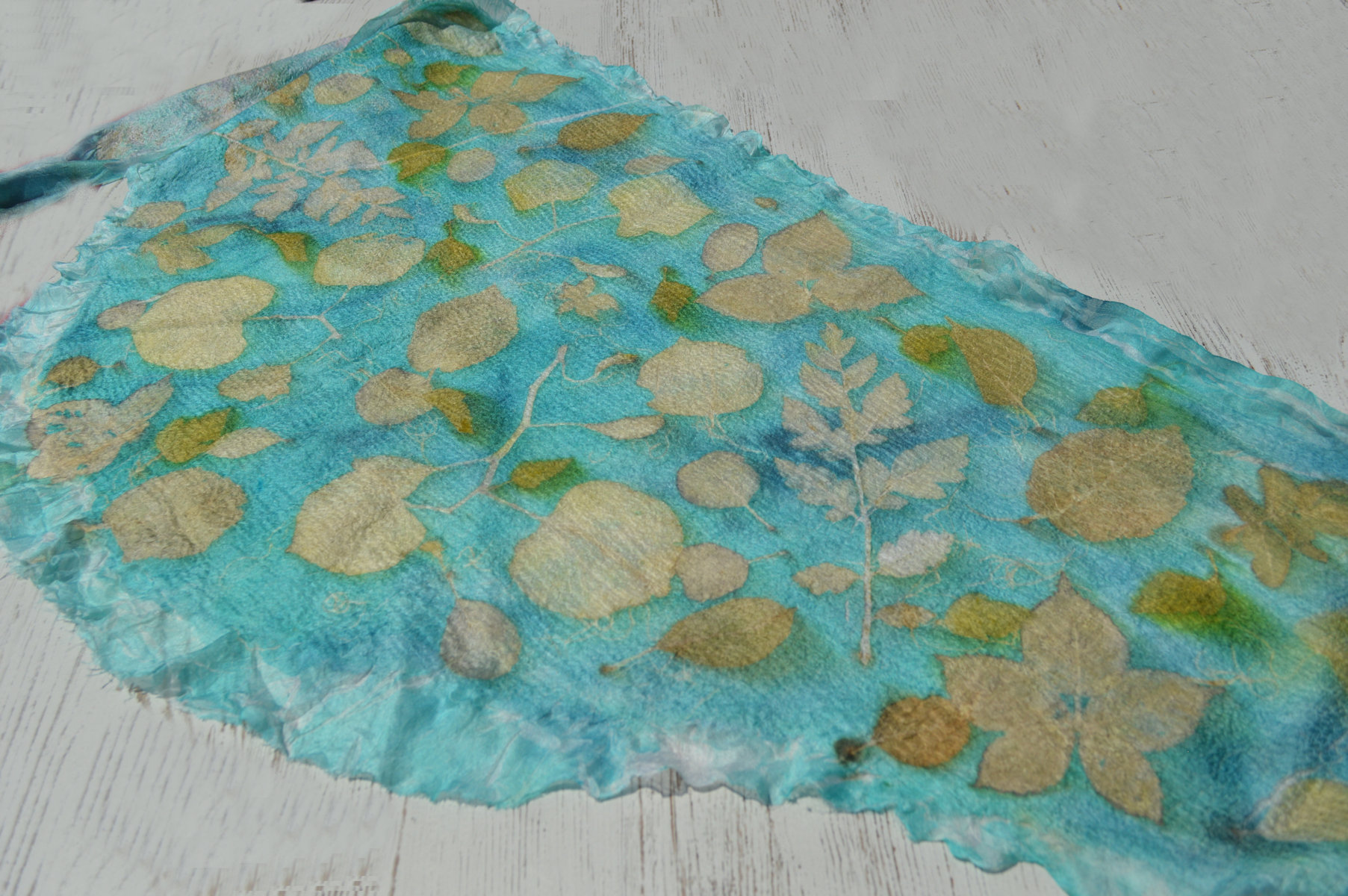 Nuno Felted Scarf Shawl Printed with Leaves OOAK