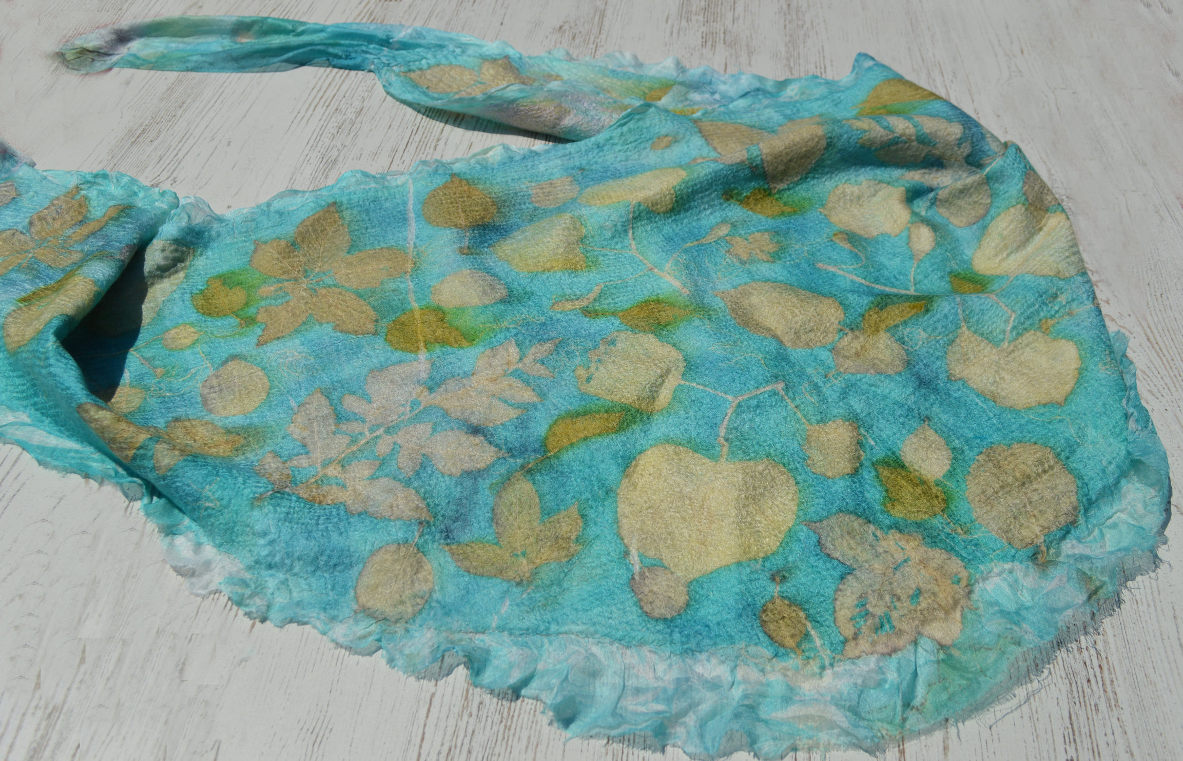 Nuno Felted Scarf Shawl Printed with Leaves OOAK