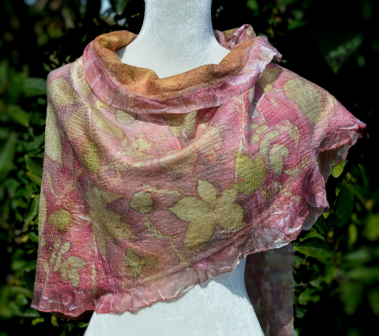 Red nuno felted scarf shawl printed with leaves