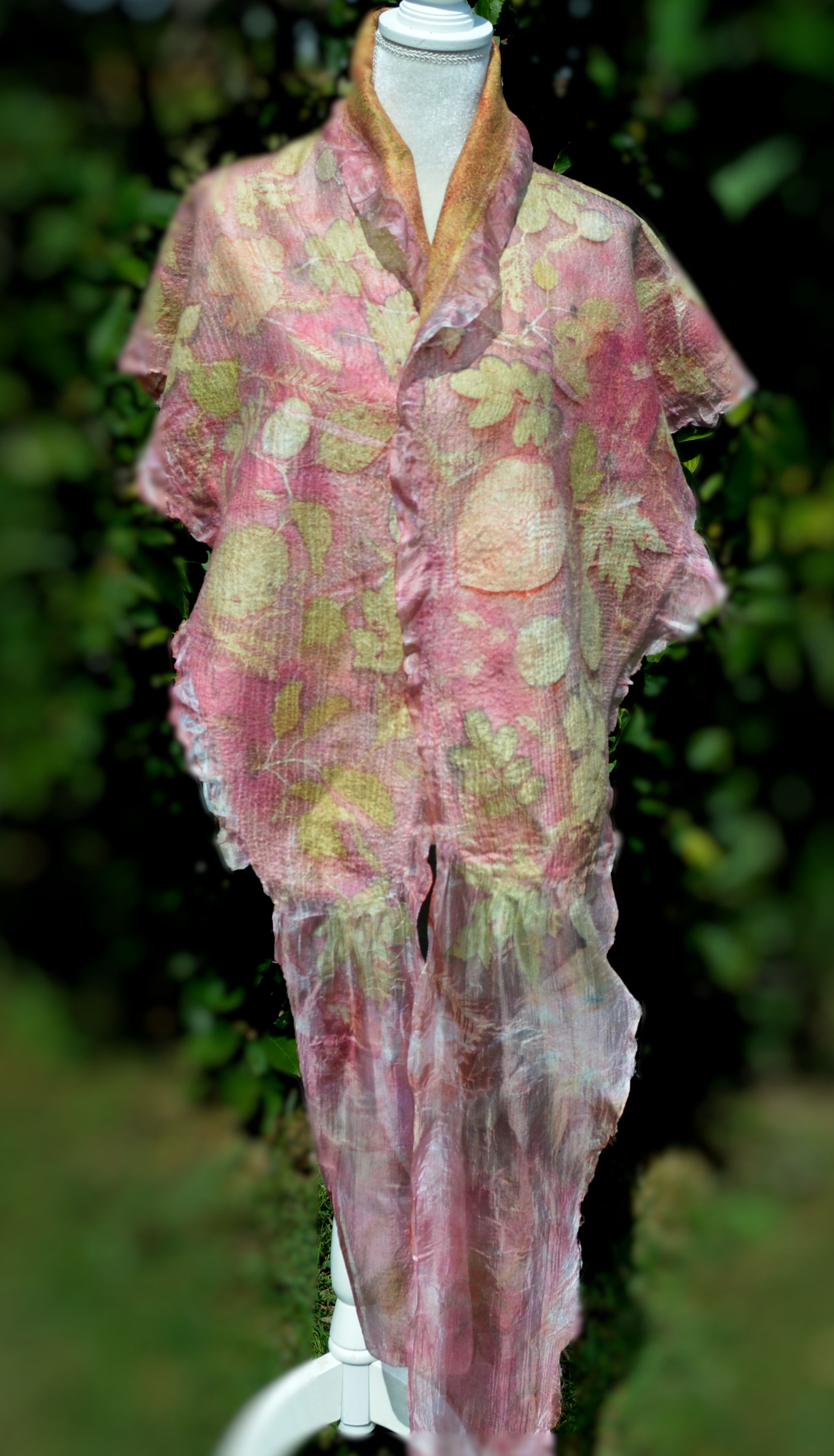 Red nuno felted scarf shawl printed with leaves