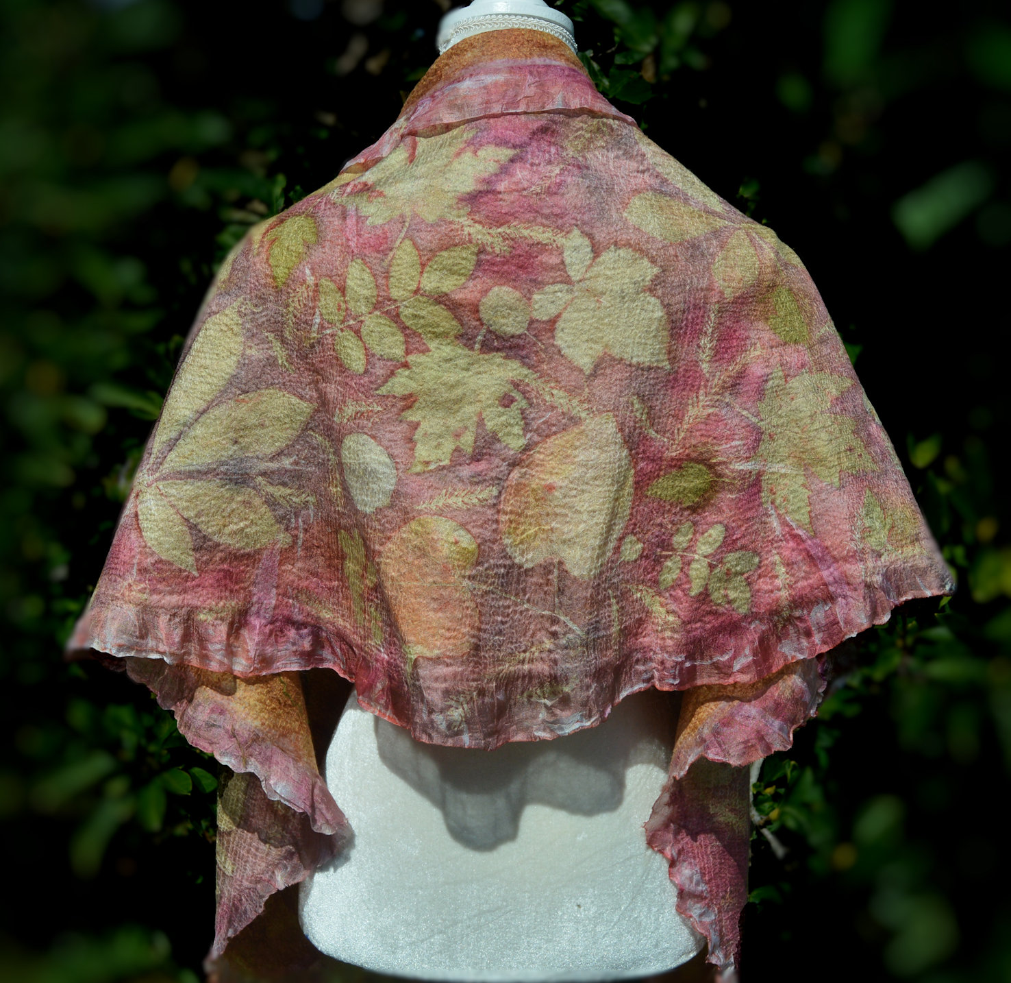 Red nuno felted scarf shawl printed with leaves