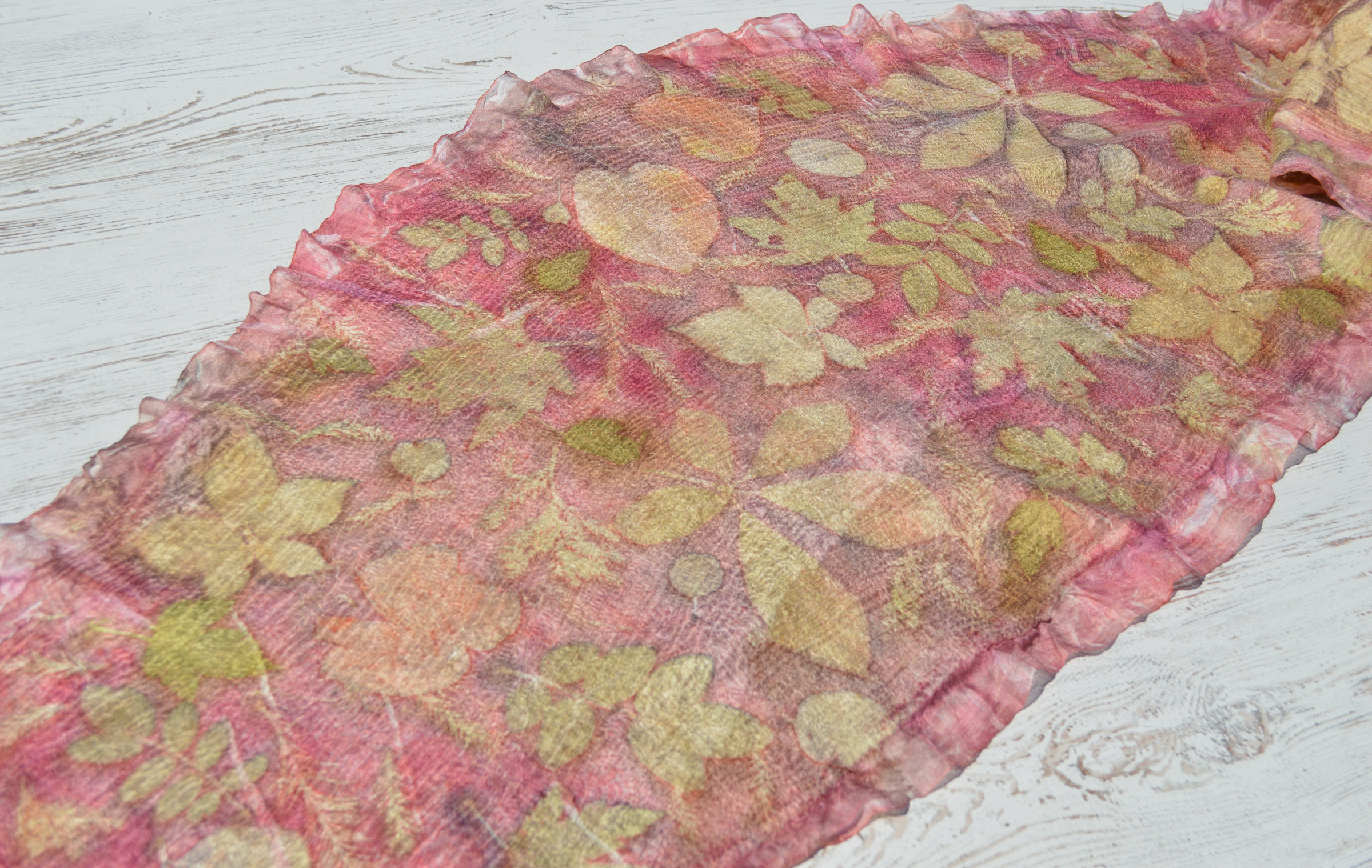 Red nuno felted scarf shawl printed with leaves