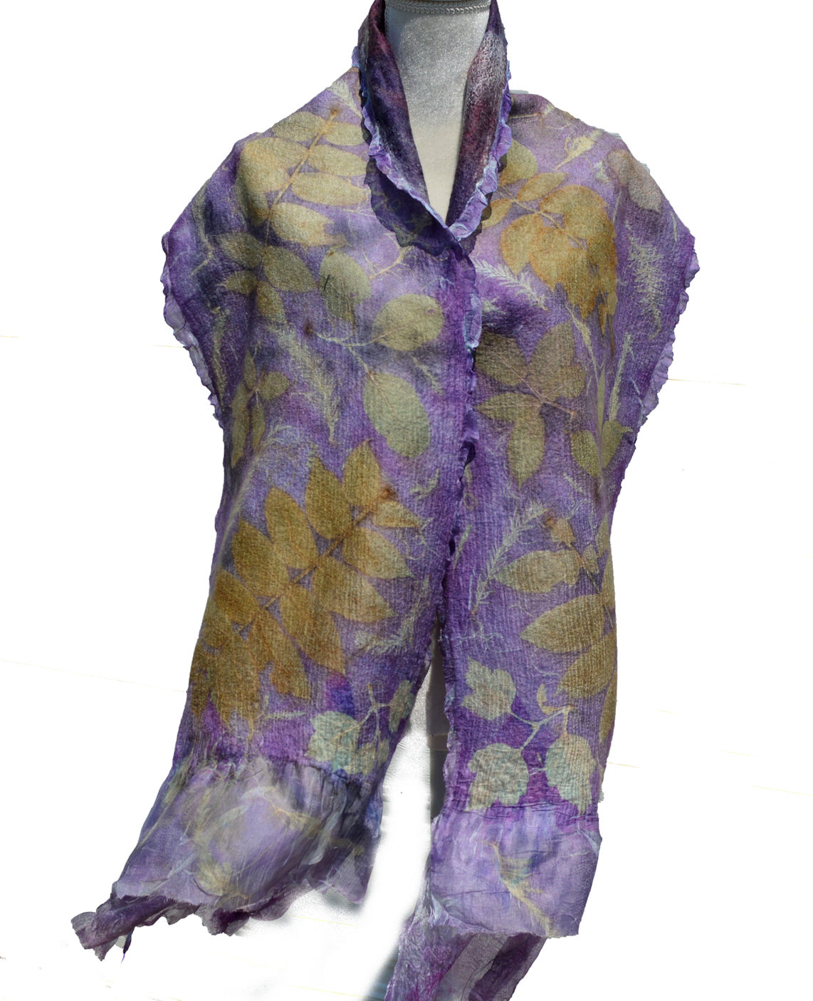 Purple Nuno Felted Scarf Wrap printed with leaves