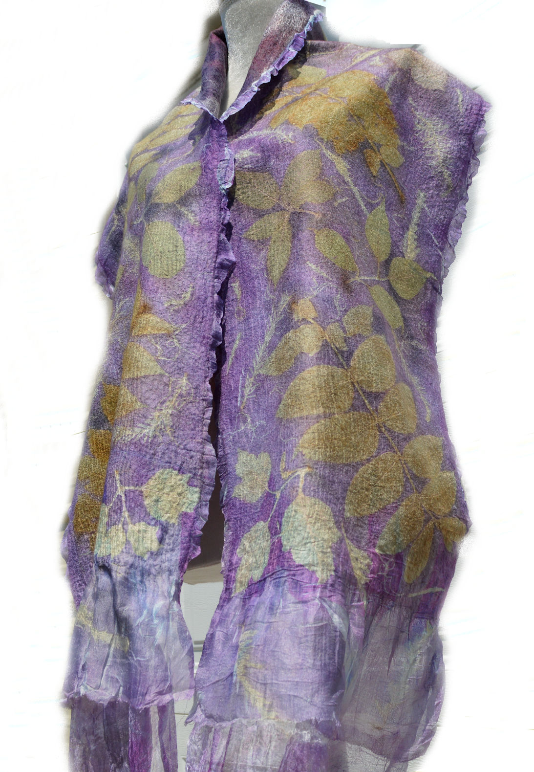 Purple Nuno Felted Scarf Wrap printed with leaves