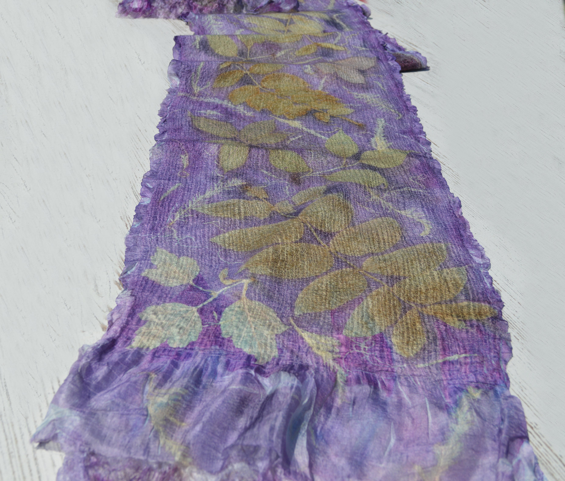 Purple Nuno Felted Scarf Wrap printed with leaves