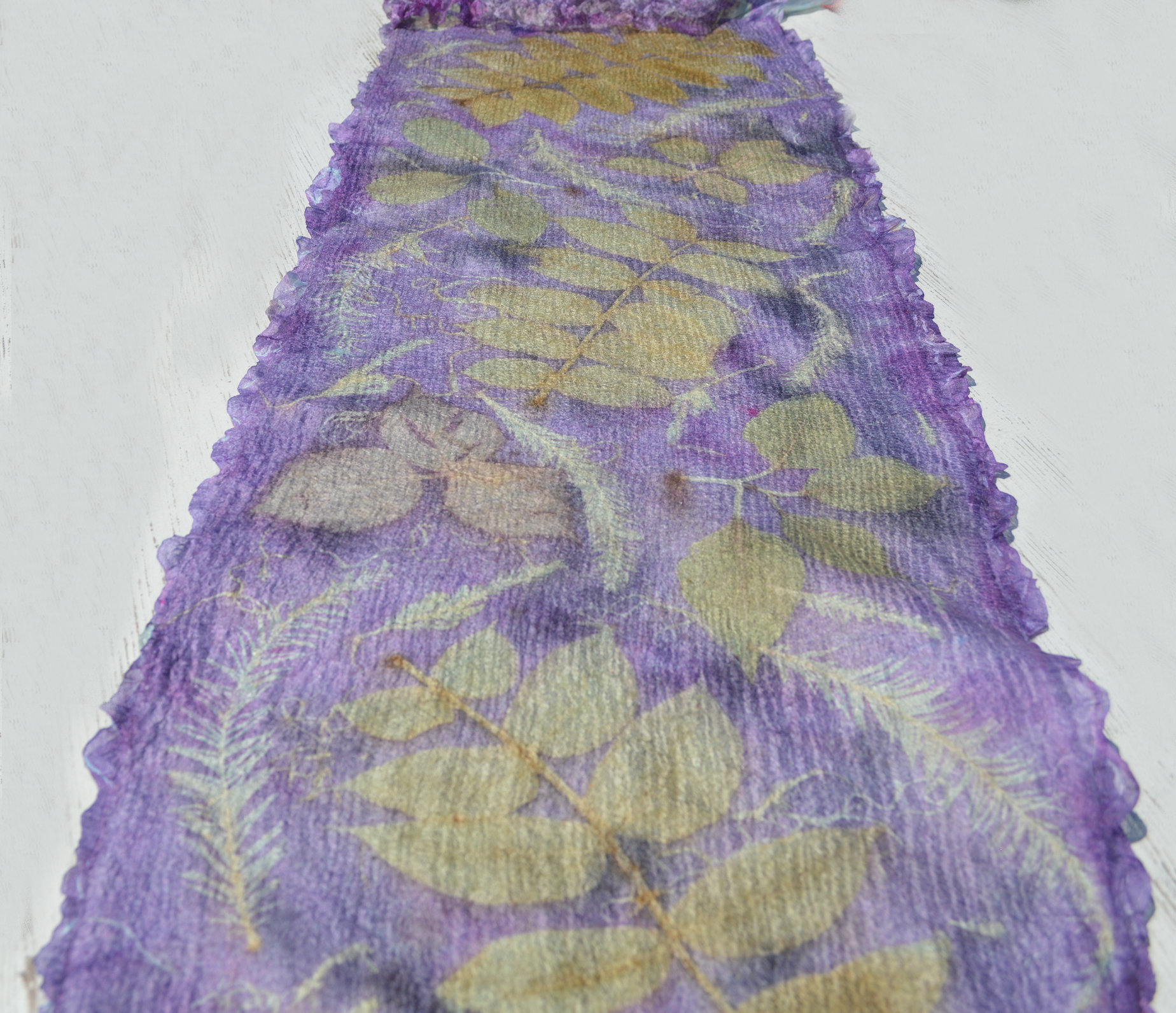 Purple Nuno Felted Scarf Wrap printed with leaves