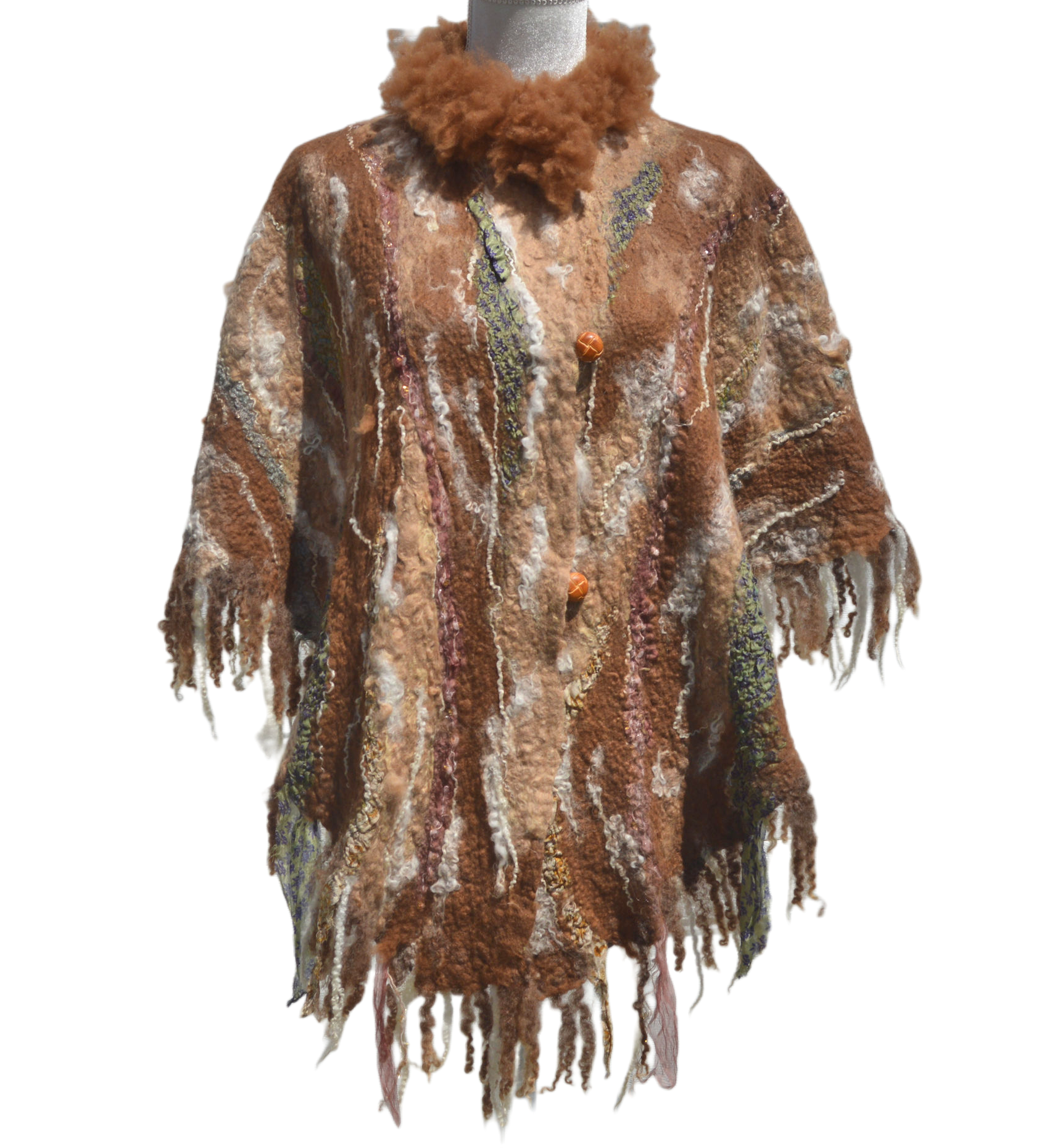 Wool Felted Poncho with Eco Fur OOAK 