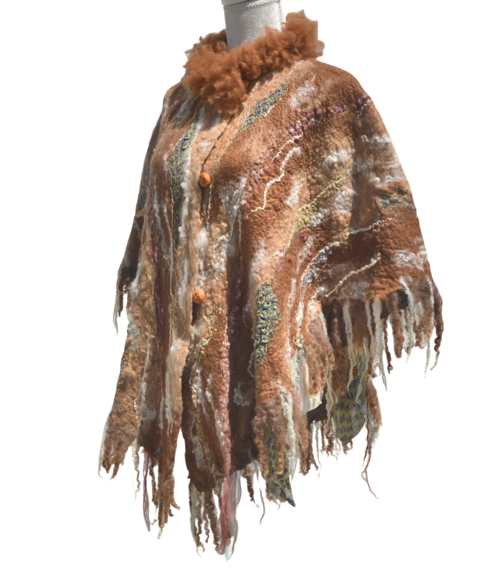 Wool Felted Poncho with Eco Fur OOAK 