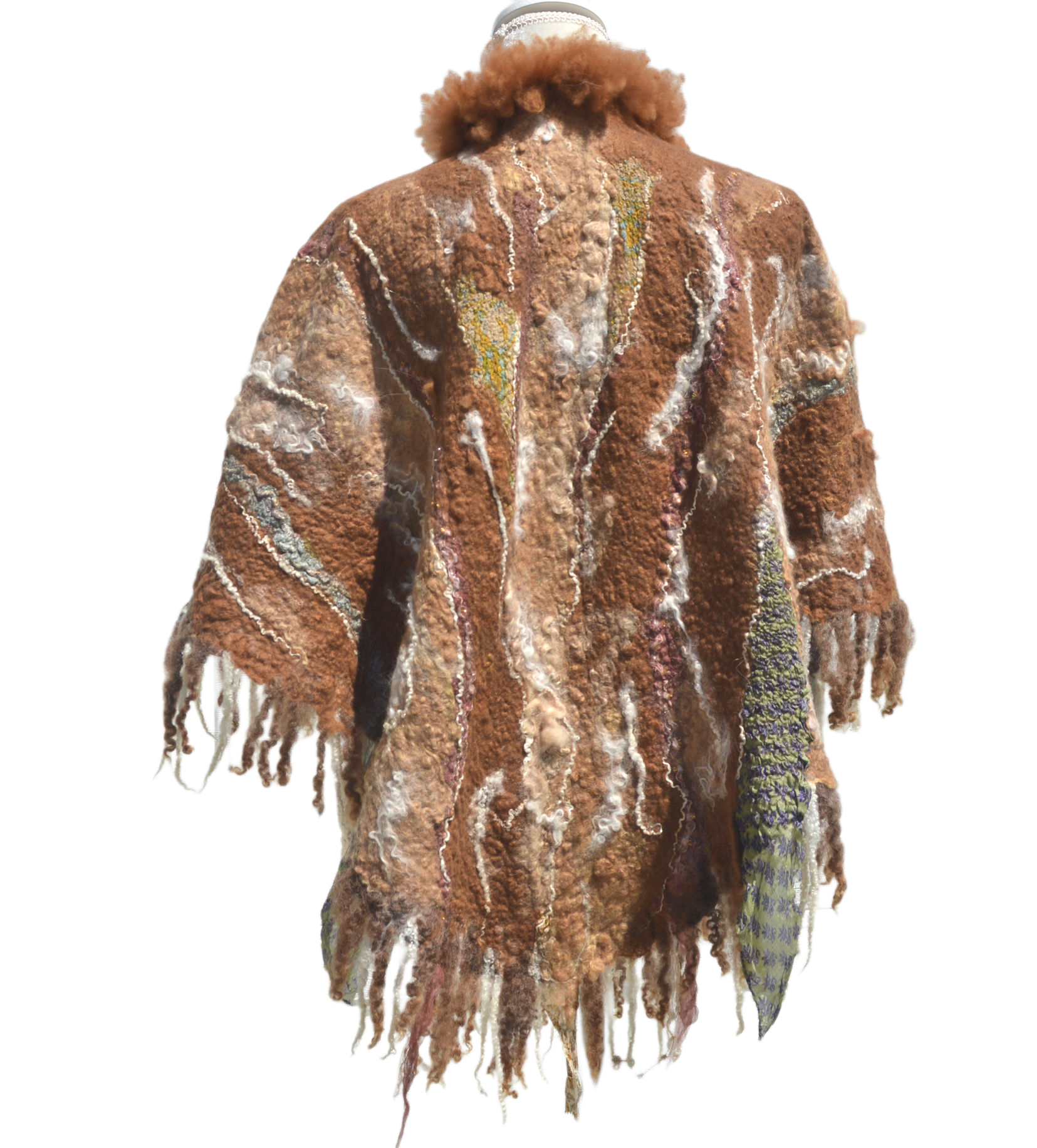 Wool Felted Poncho with Eco Fur OOAK 